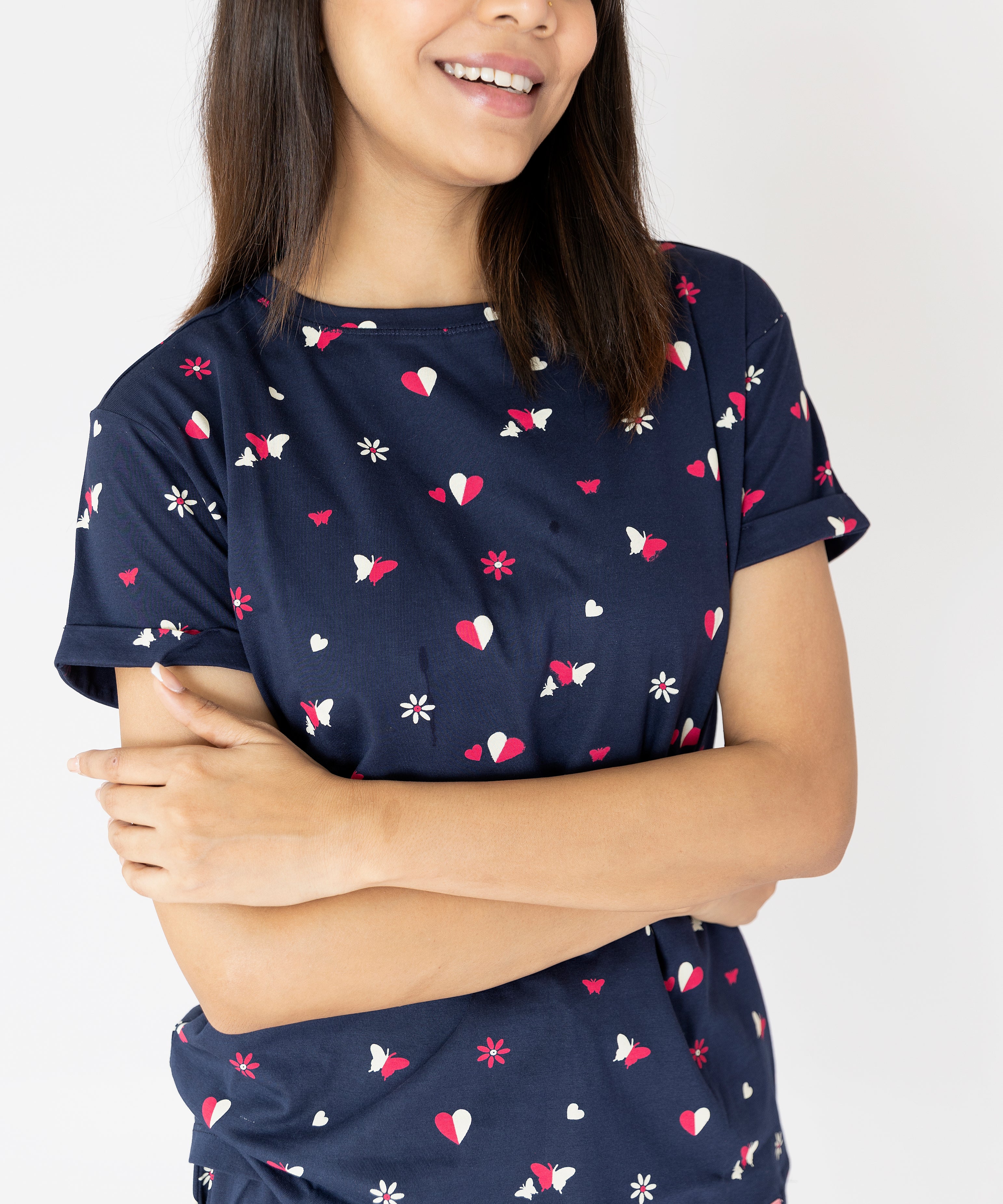 Hearts & Butterfly Print Navy Blue Womens Nightwear Capri Set
