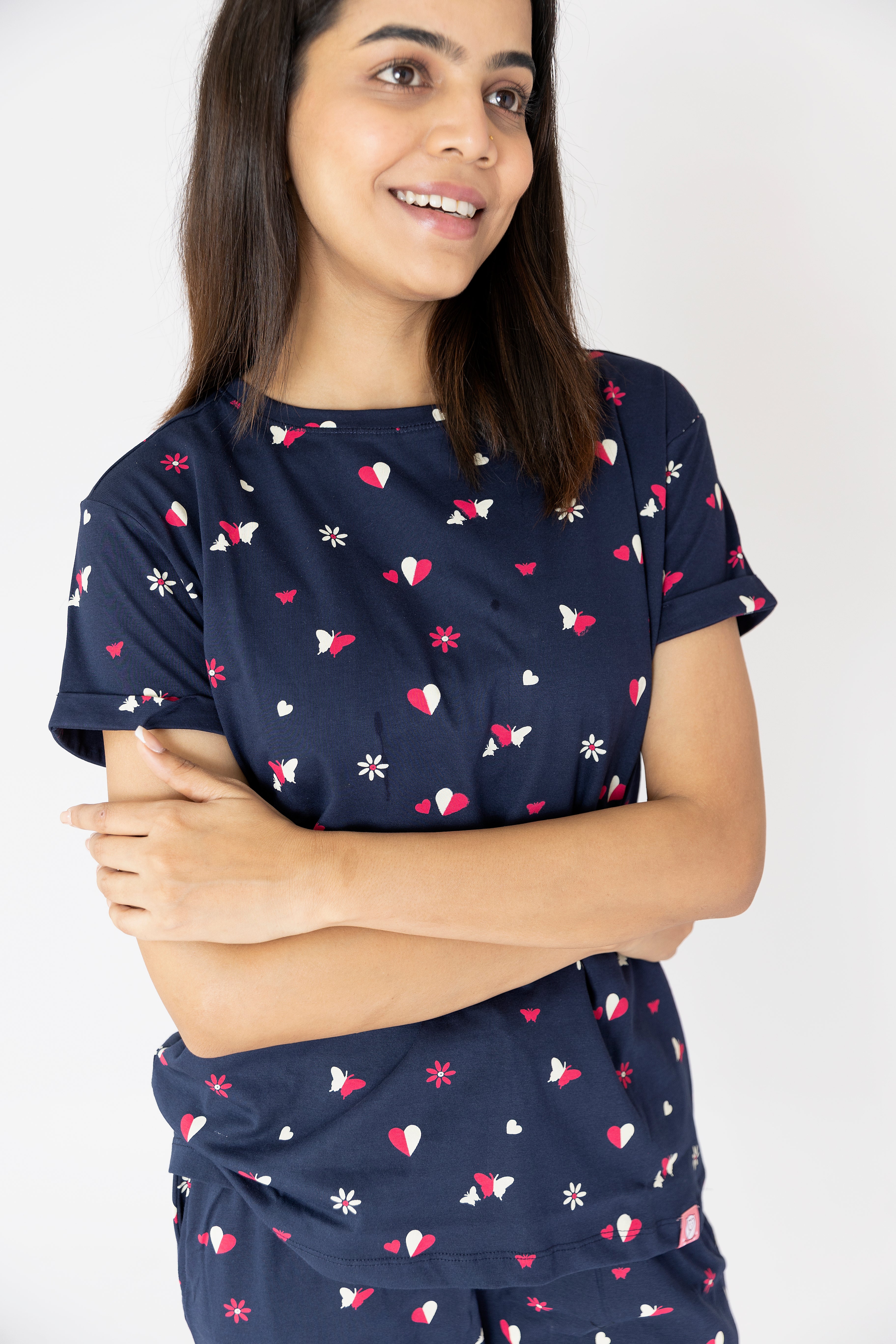 Hearts & Butterfly Print Navy Blue Womens Nightwear Capri Set