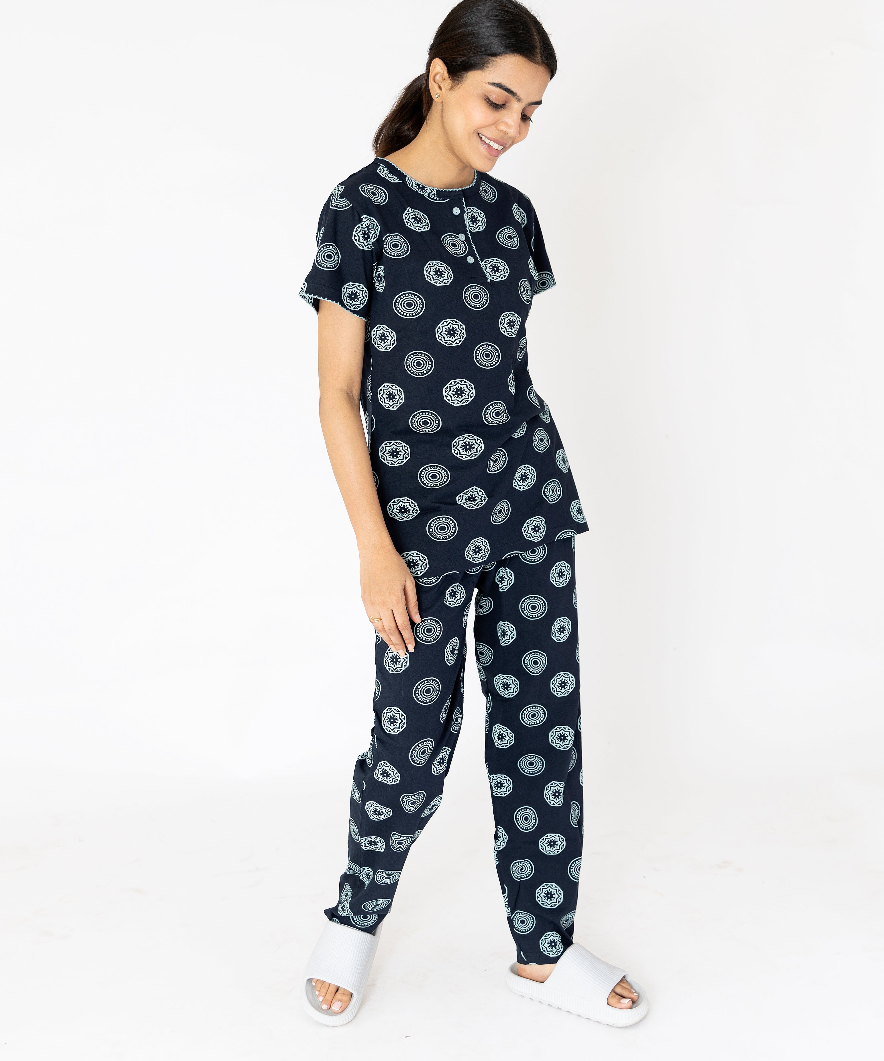 Motifs Print Navy Blue Womens Top & Pyjama Set