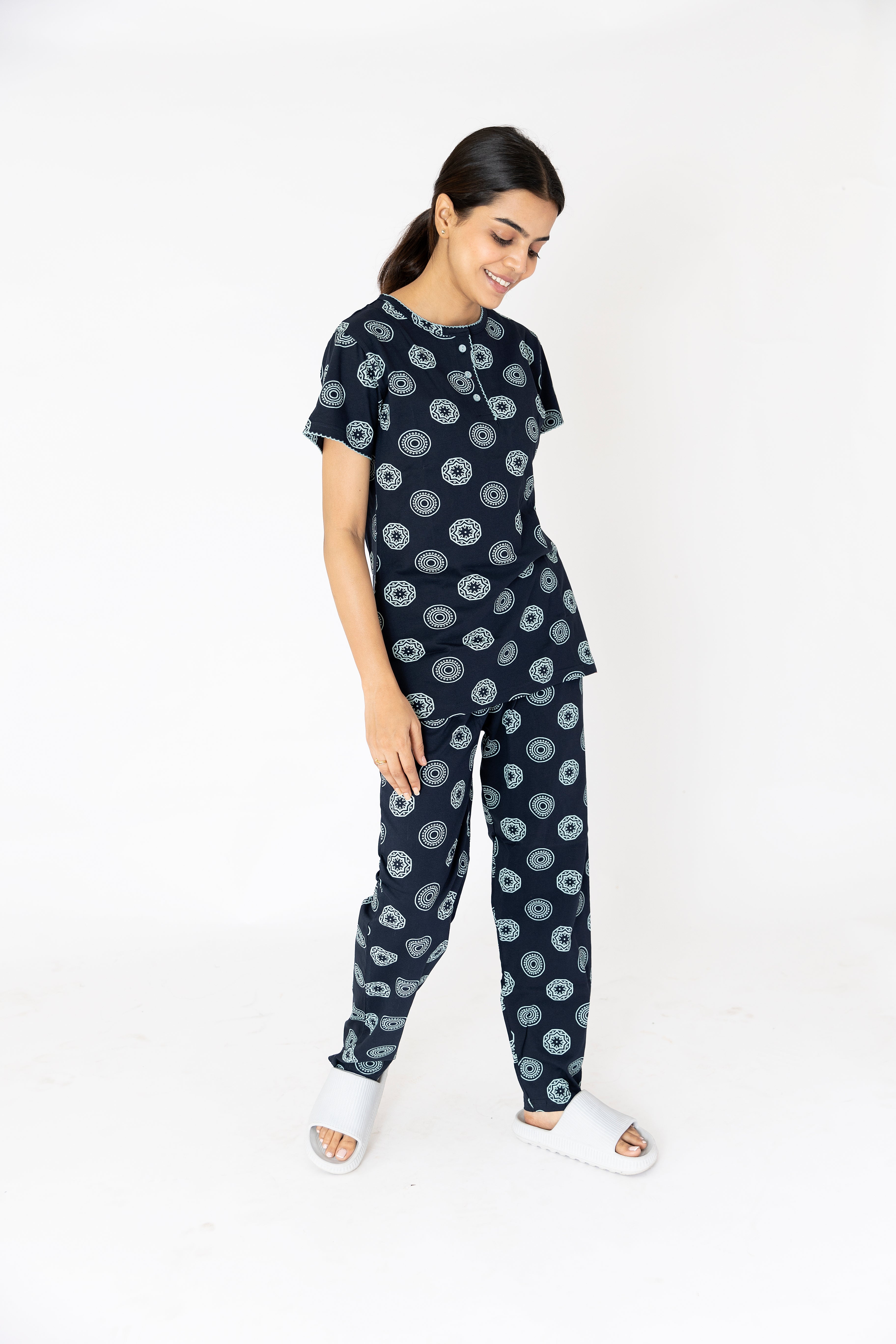 Motifs Print Navy Blue Womens Top & Pyjama Set