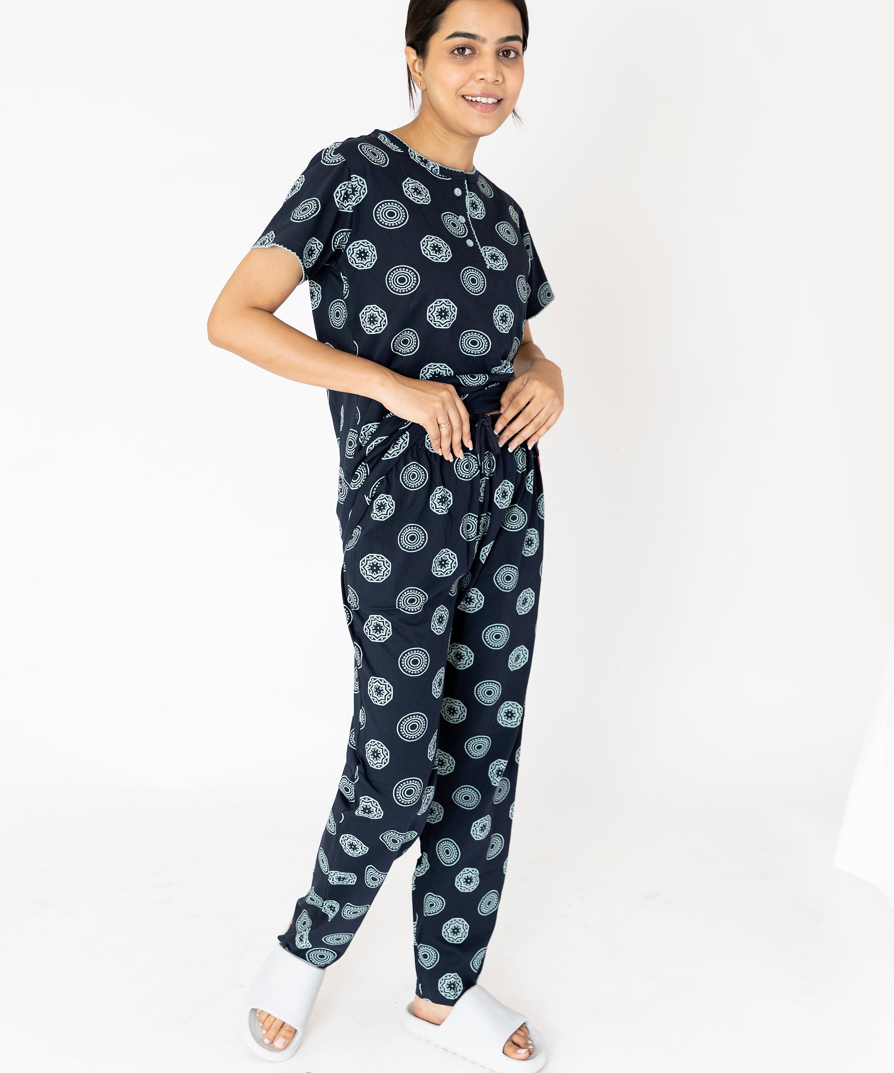 Motifs Print Navy Blue Womens Top & Pyjama Set