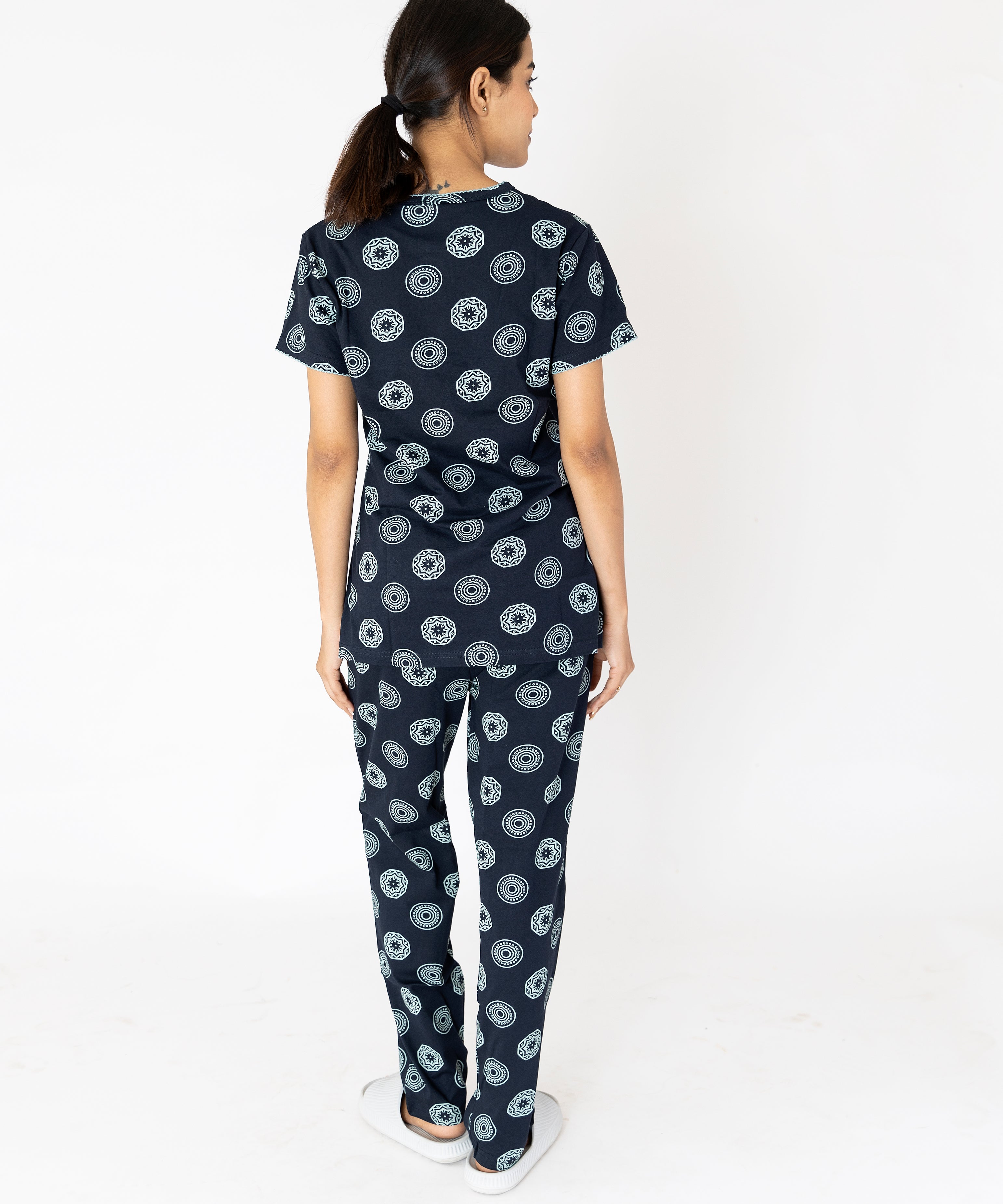 Motifs Print Navy Blue Womens Top & Pyjama Set