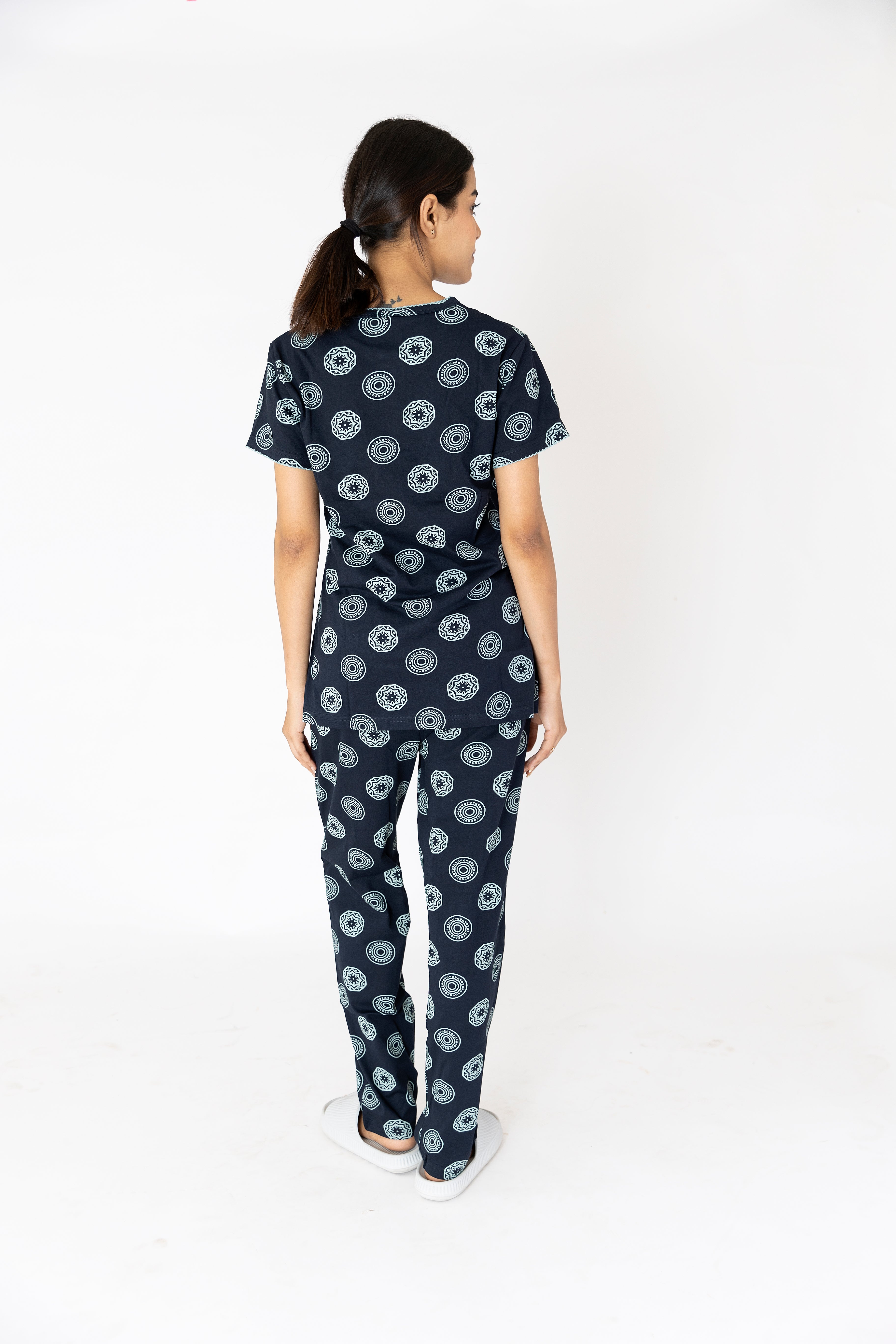 Motifs Print Navy Blue Womens Top & Pyjama Set