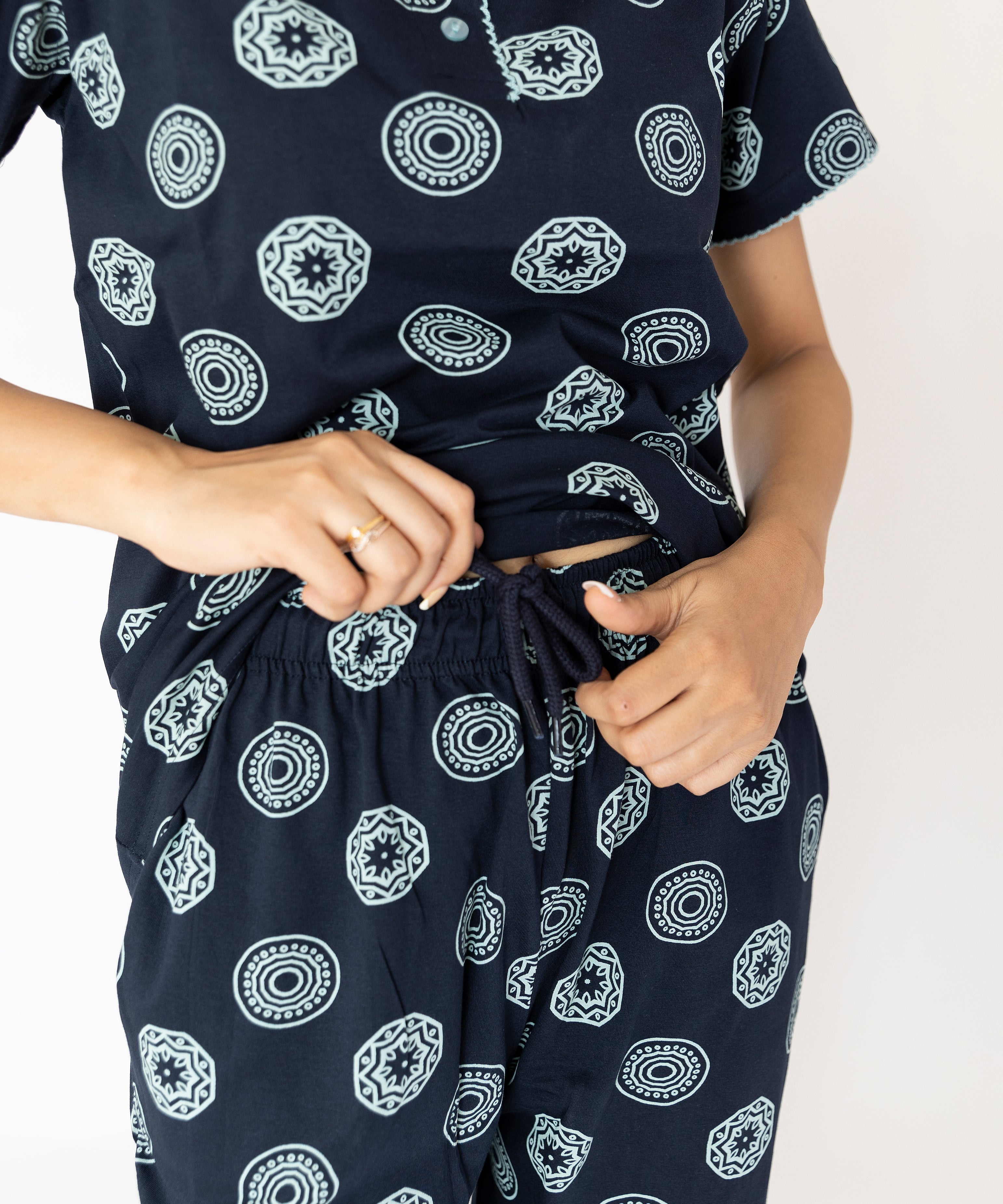 Motifs Print Navy Blue Womens Top & Pyjama Set