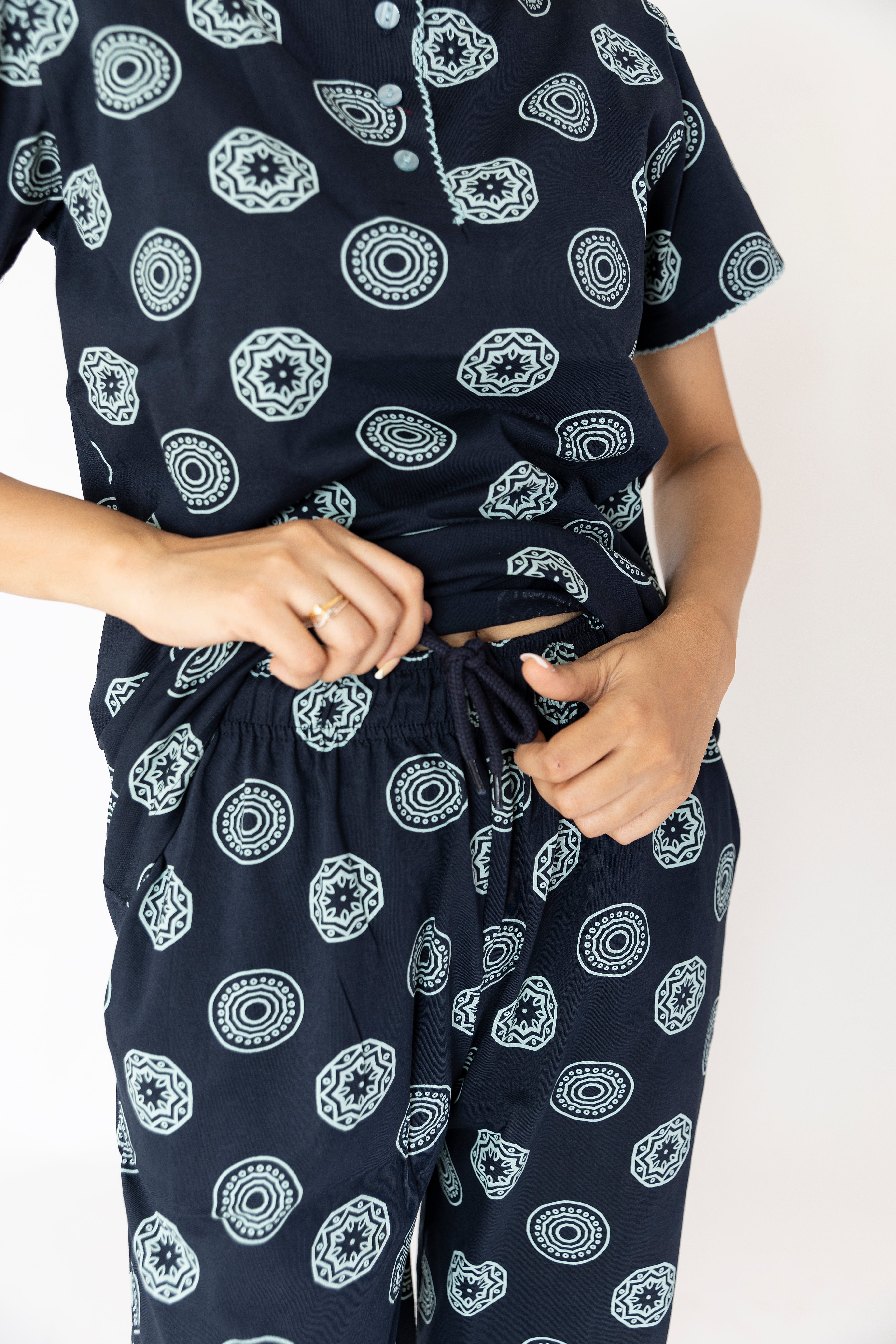 Motifs Print Navy Blue Womens Top & Pyjama Set