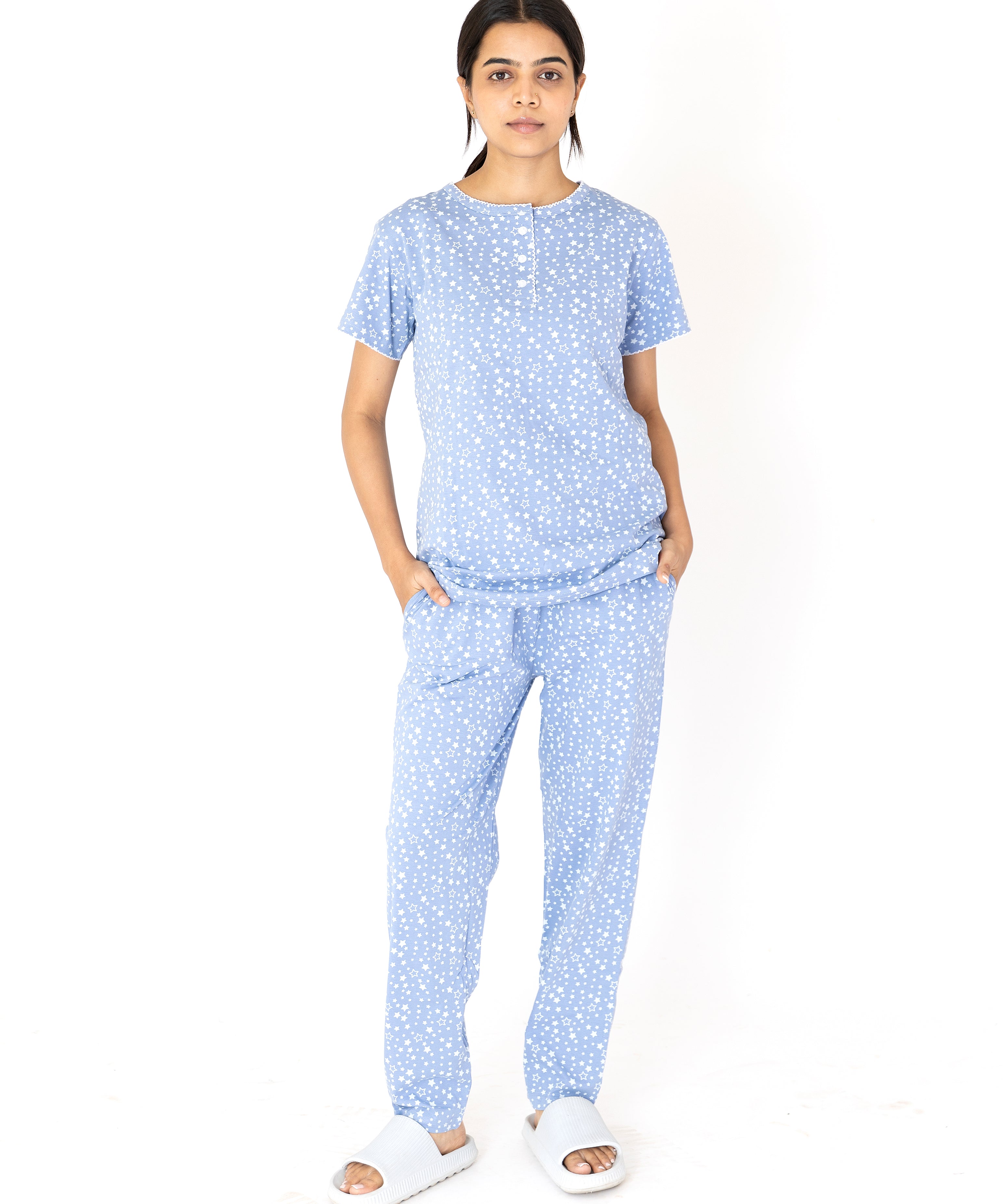 Star print SkyBlue Womens Top & Pyjama Set