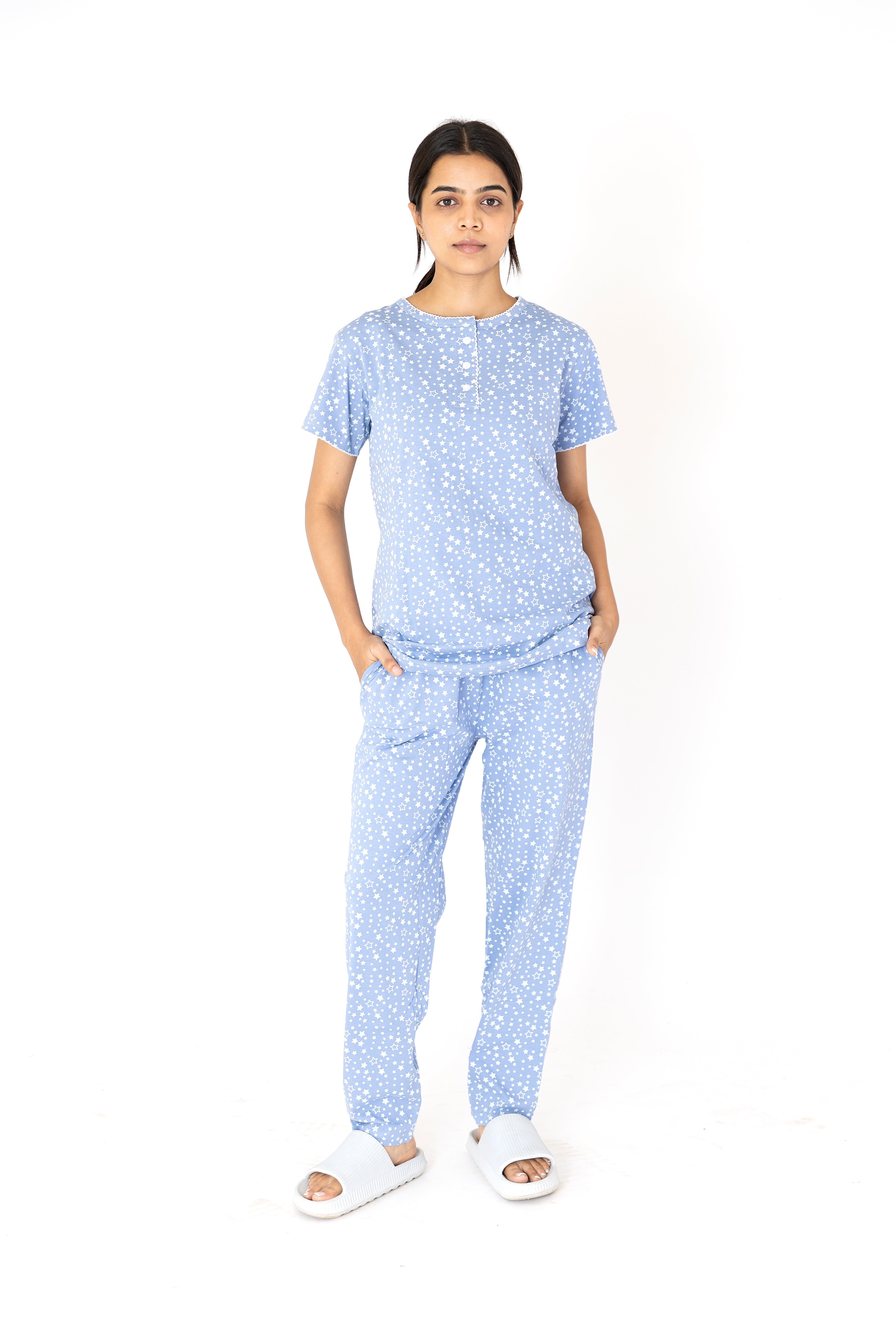 Star print SkyBlue Womens Top & Pyjama Set