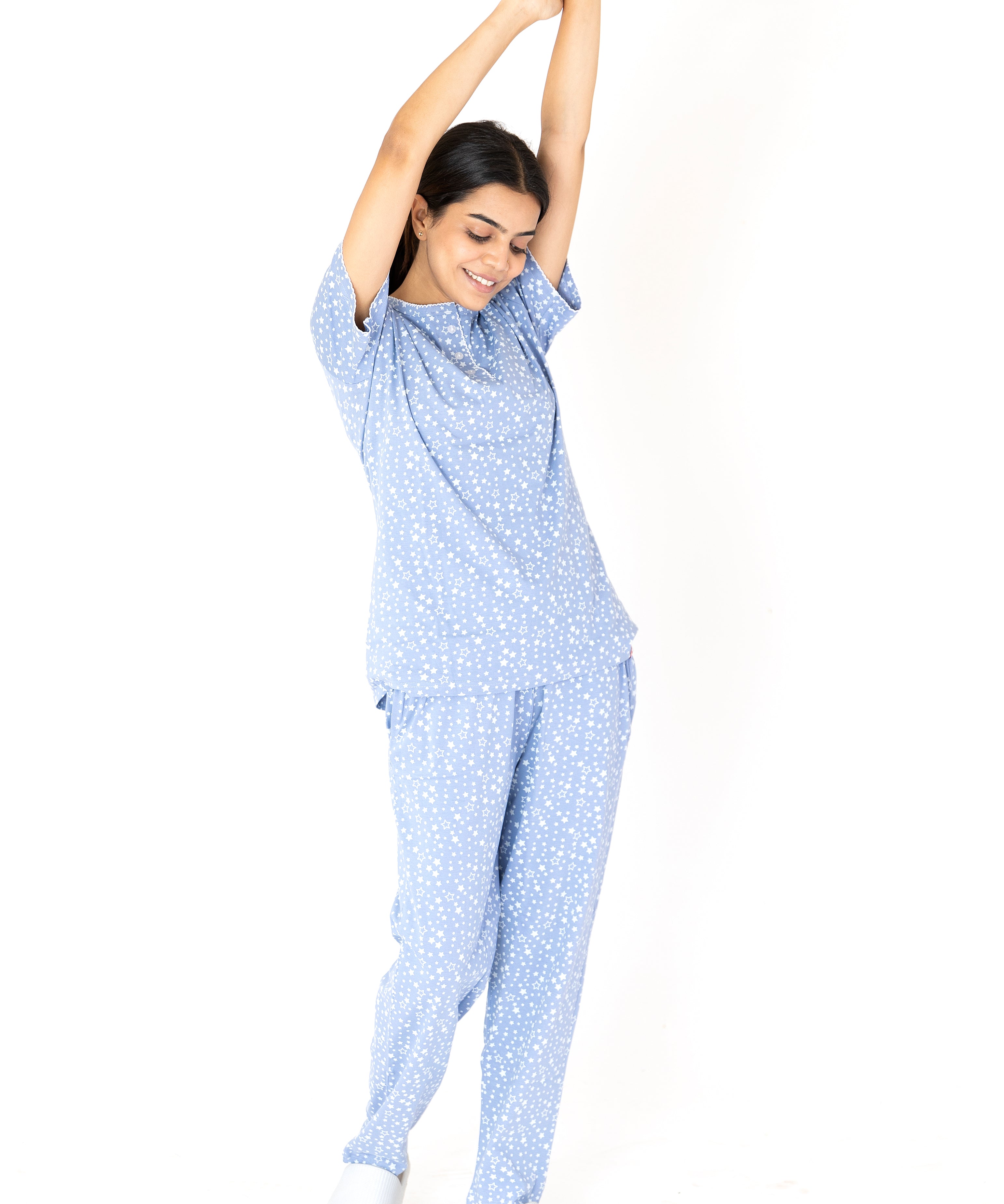 Star print SkyBlue Womens Top & Pyjama Set