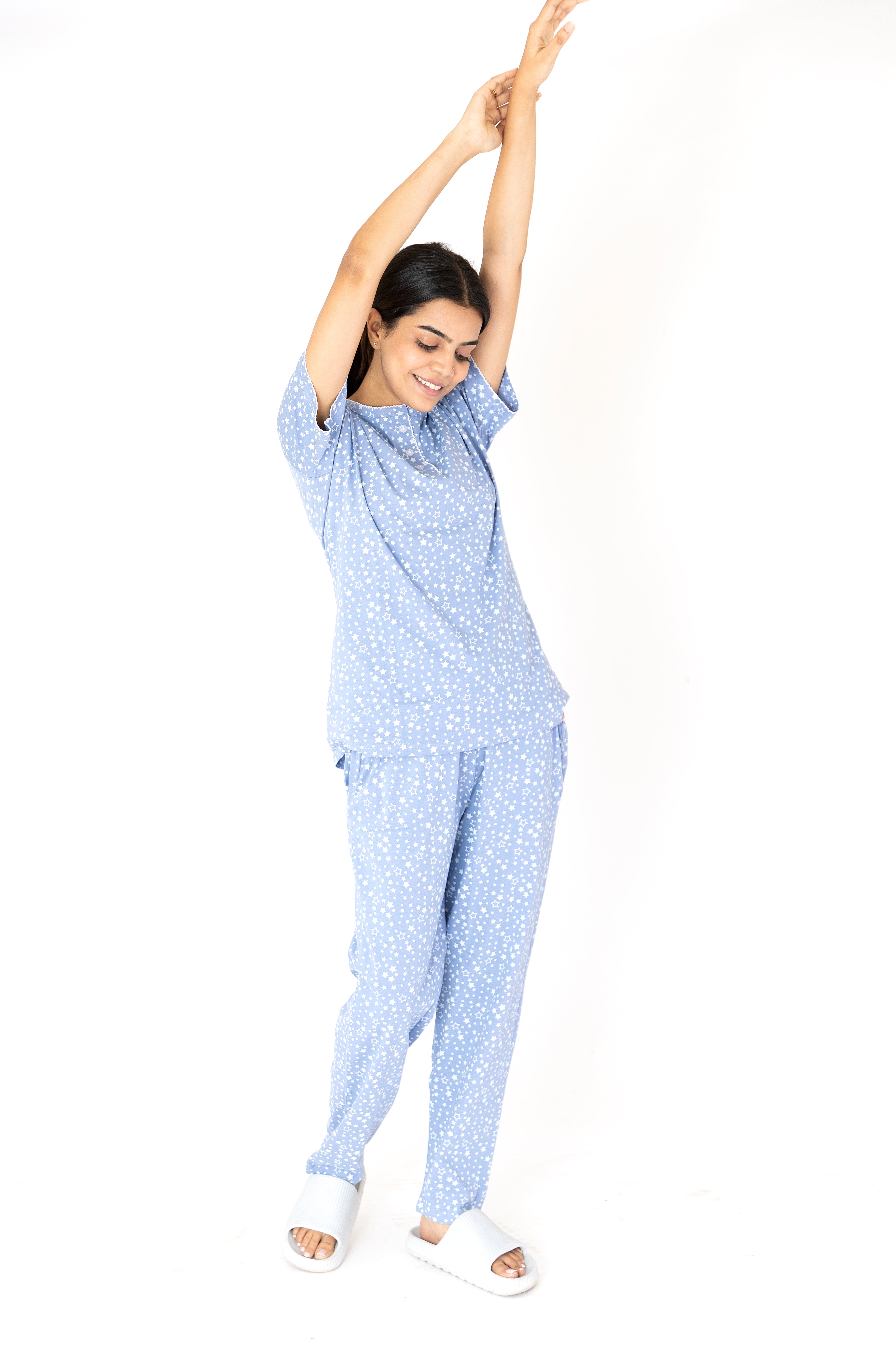 Star print SkyBlue Womens Top & Pyjama Set