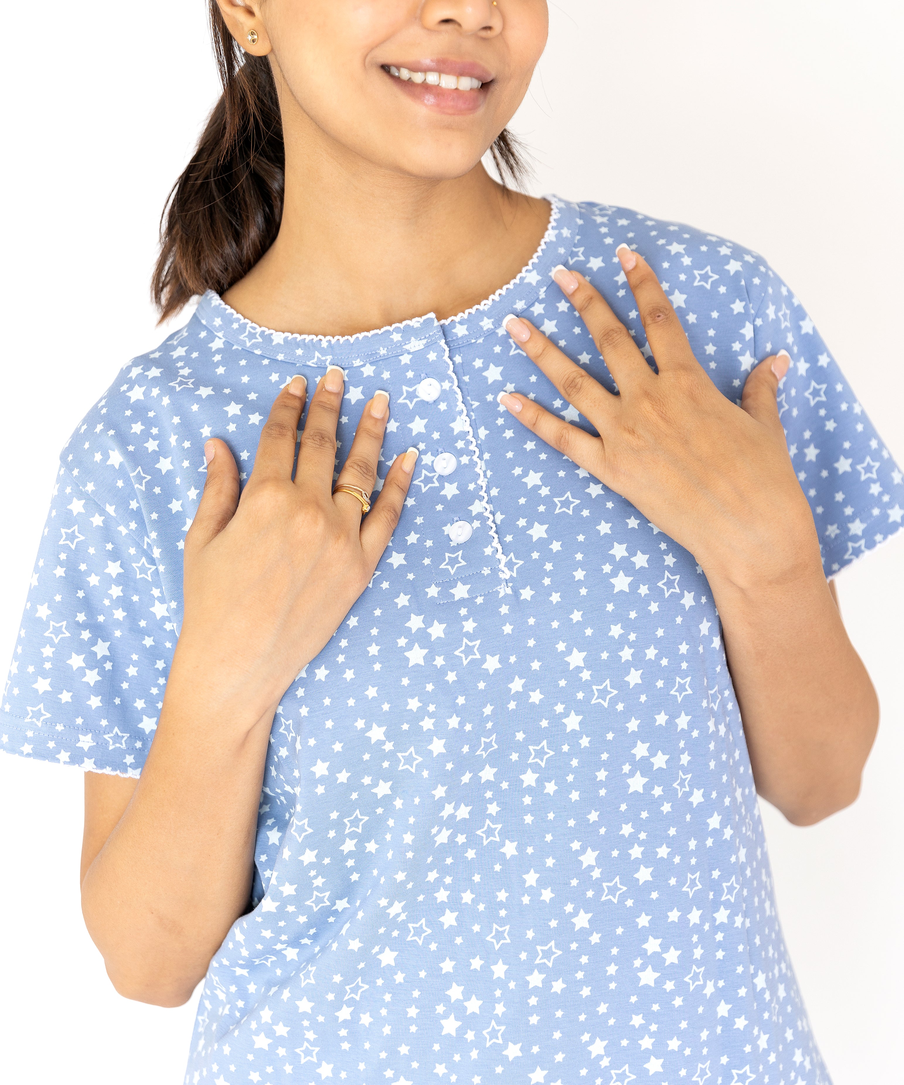 Star print SkyBlue Womens Top & Pyjama Set