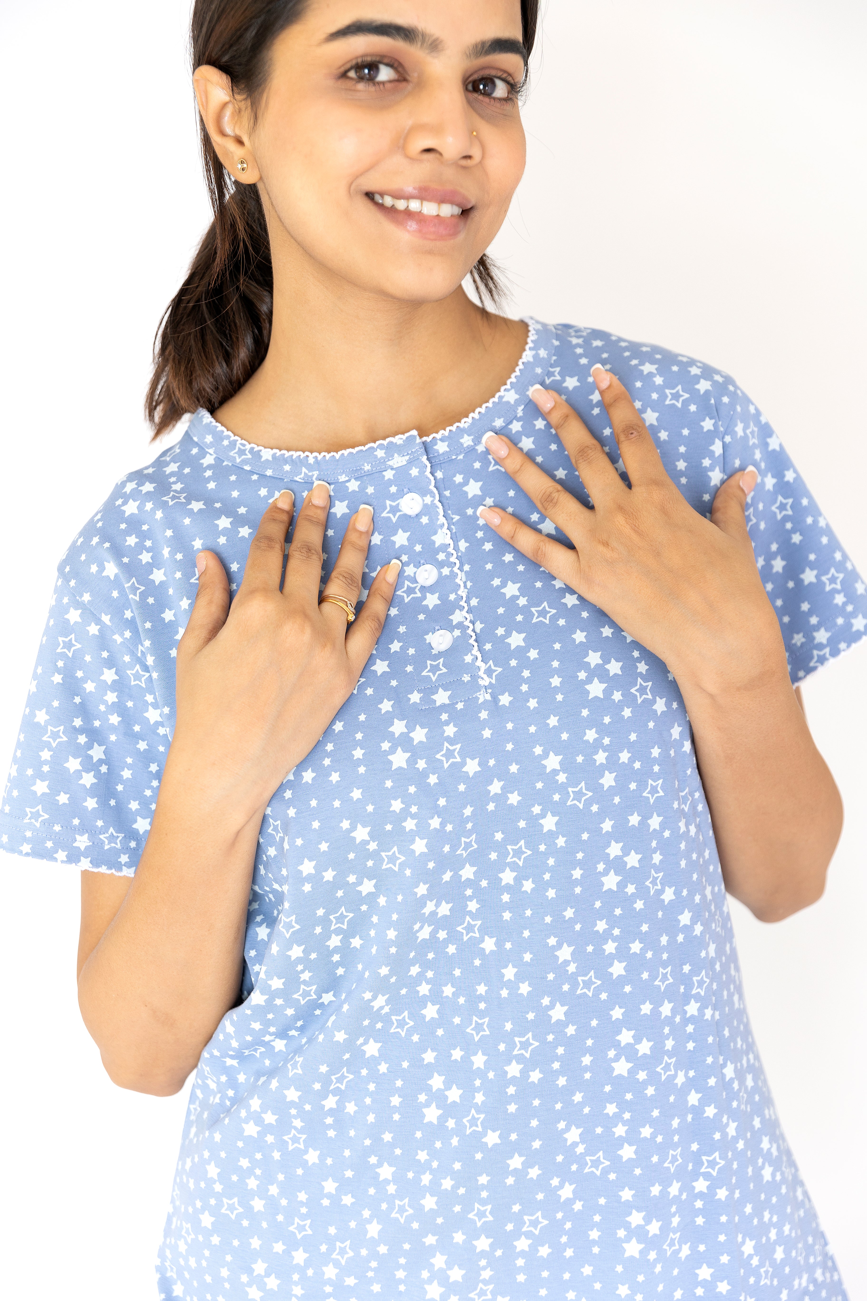 Star print SkyBlue Womens Top & Pyjama Set