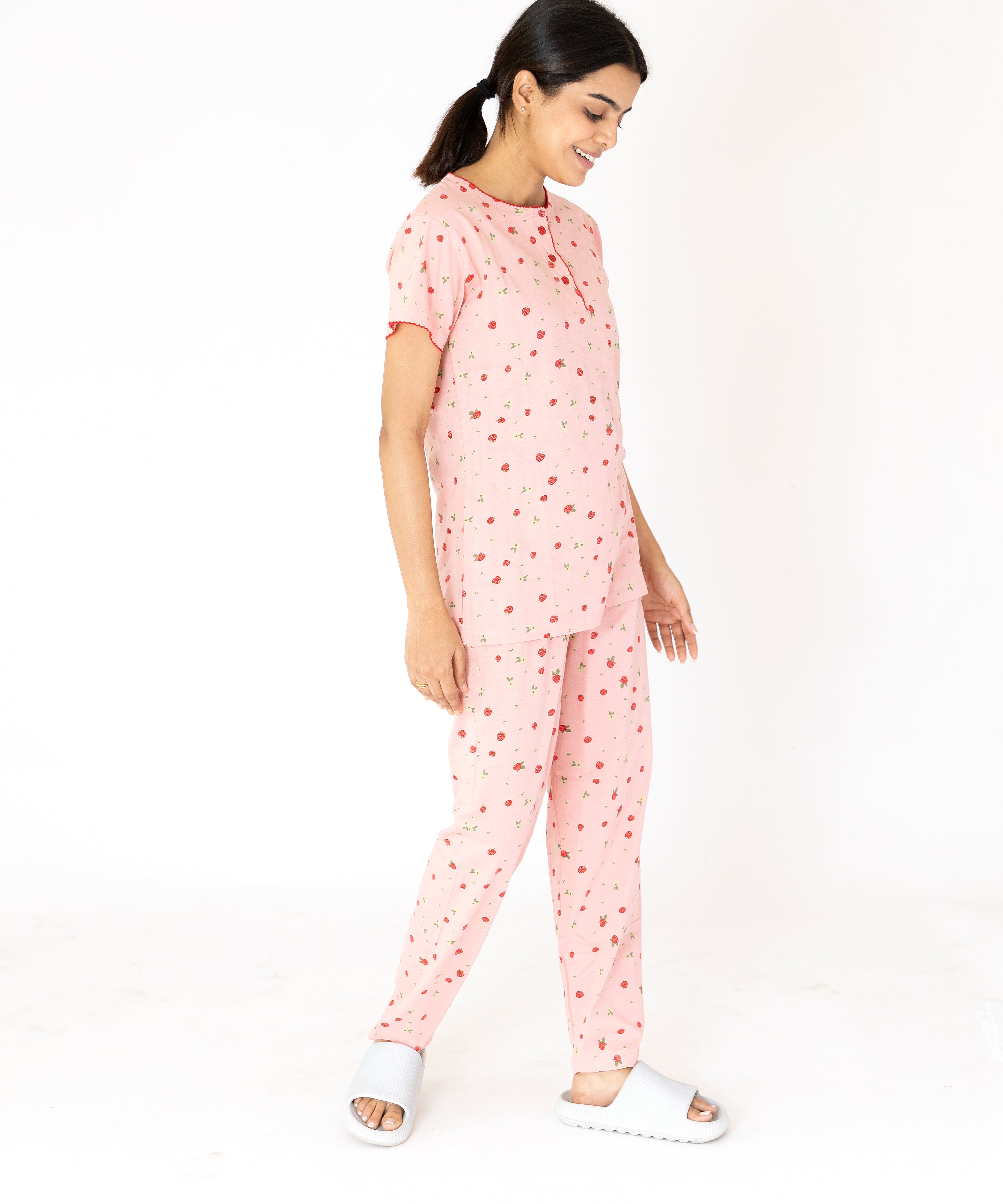 Pink Strawberry print Womens Top & Pyjama Set