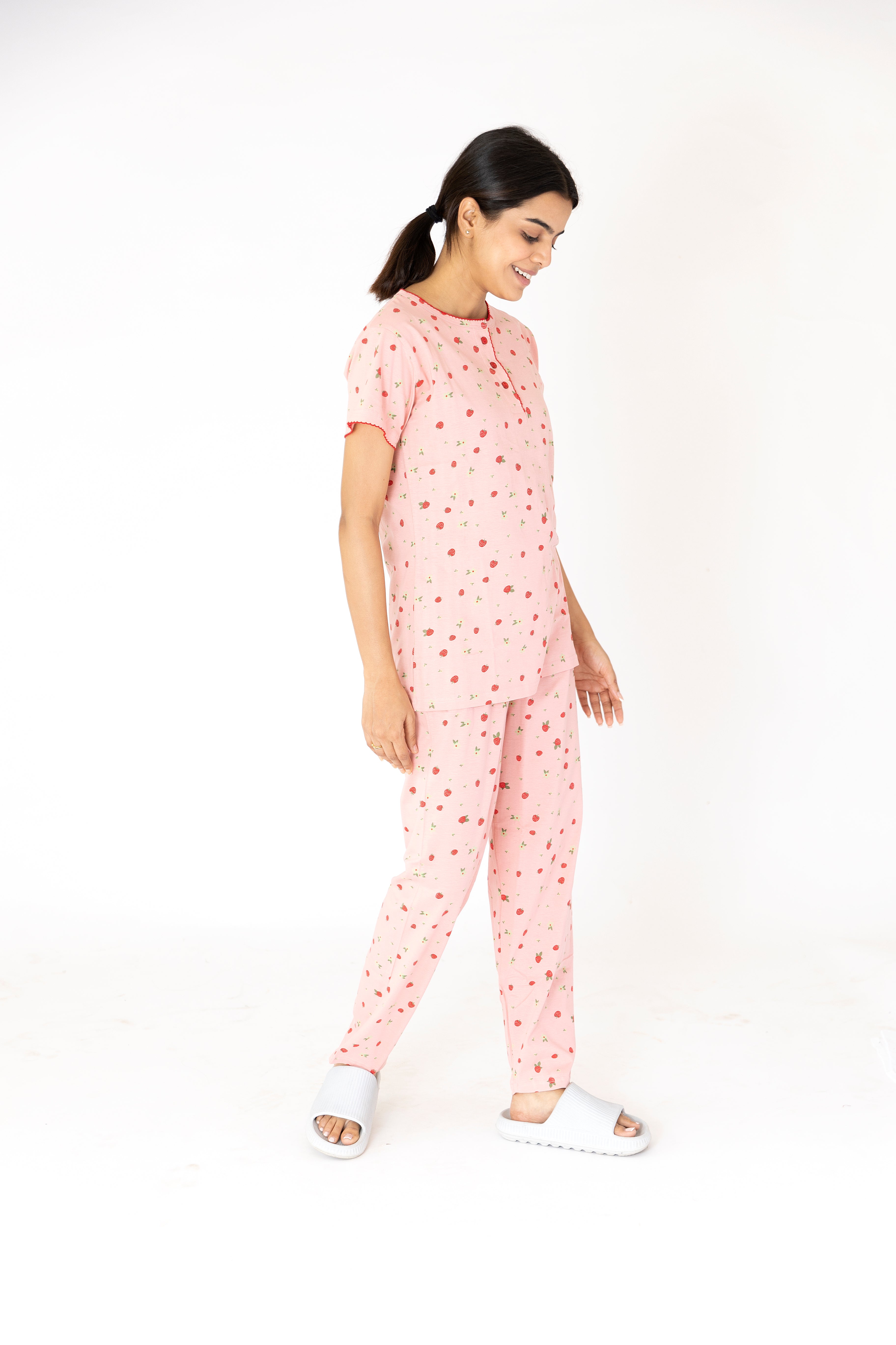 Pink Strawberry print Womens Top & Pyjama Set