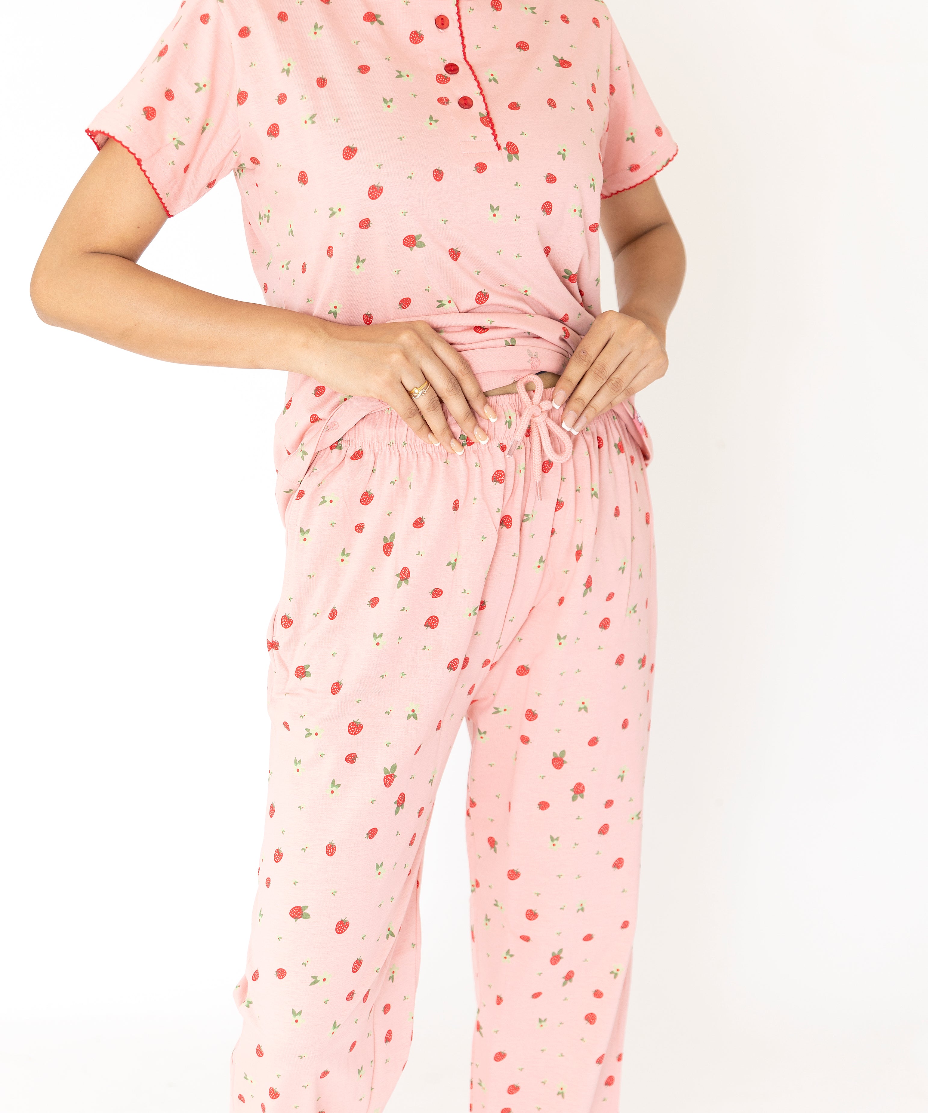 Pink Strawberry print Womens Top & Pyjama Set