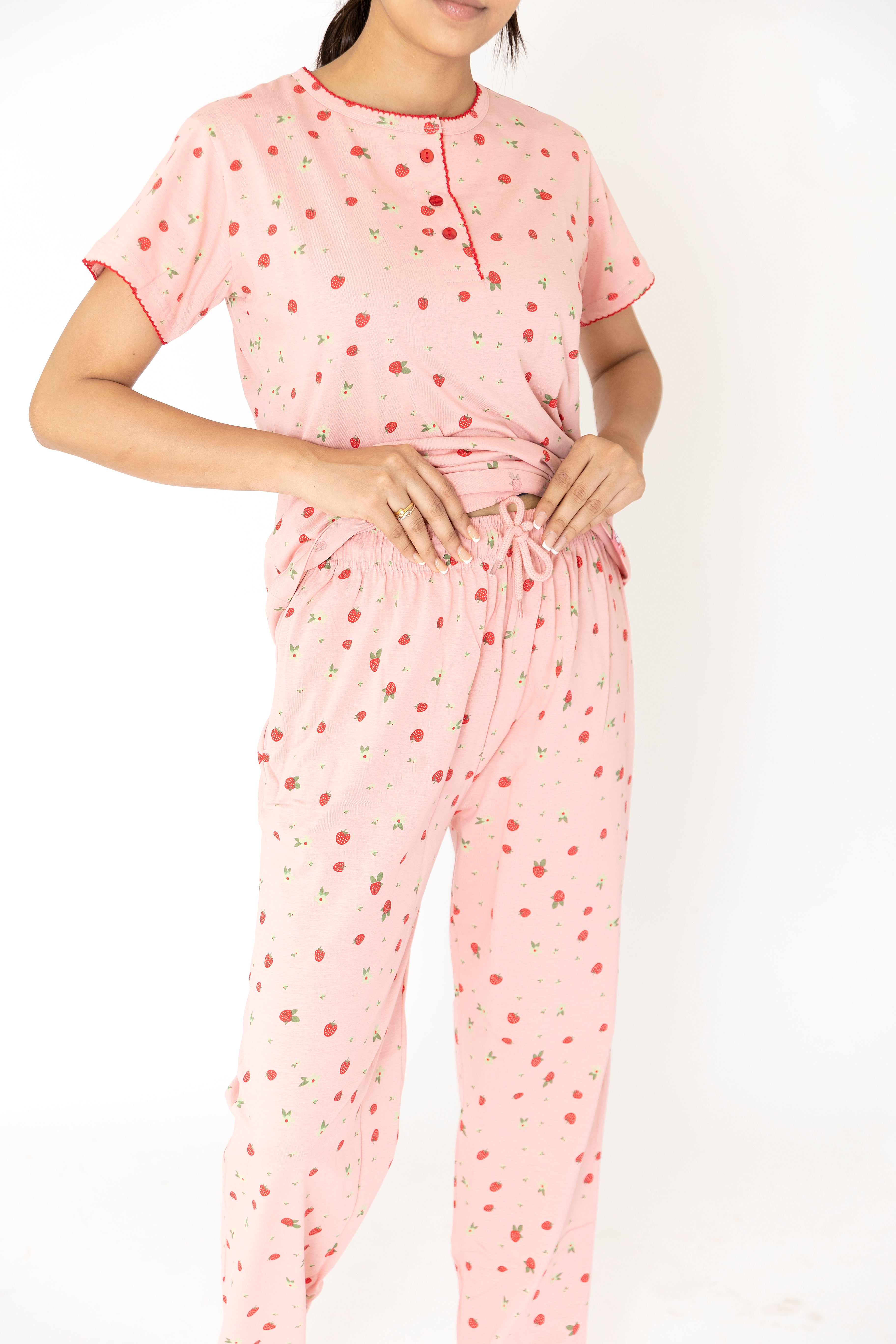 Pink Strawberry print Womens Top & Pyjama Set