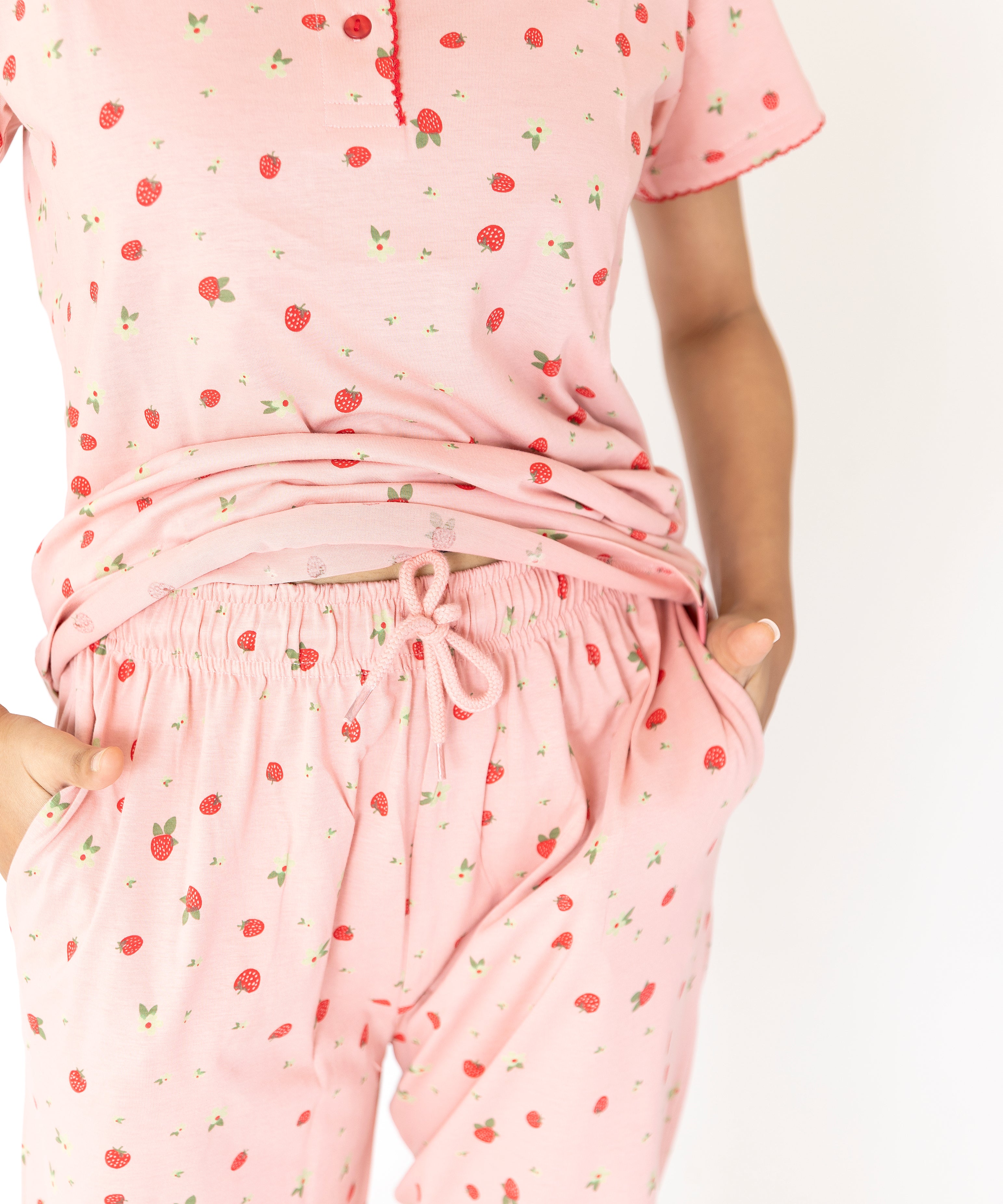Pink Strawberry print Womens Top & Pyjama Set