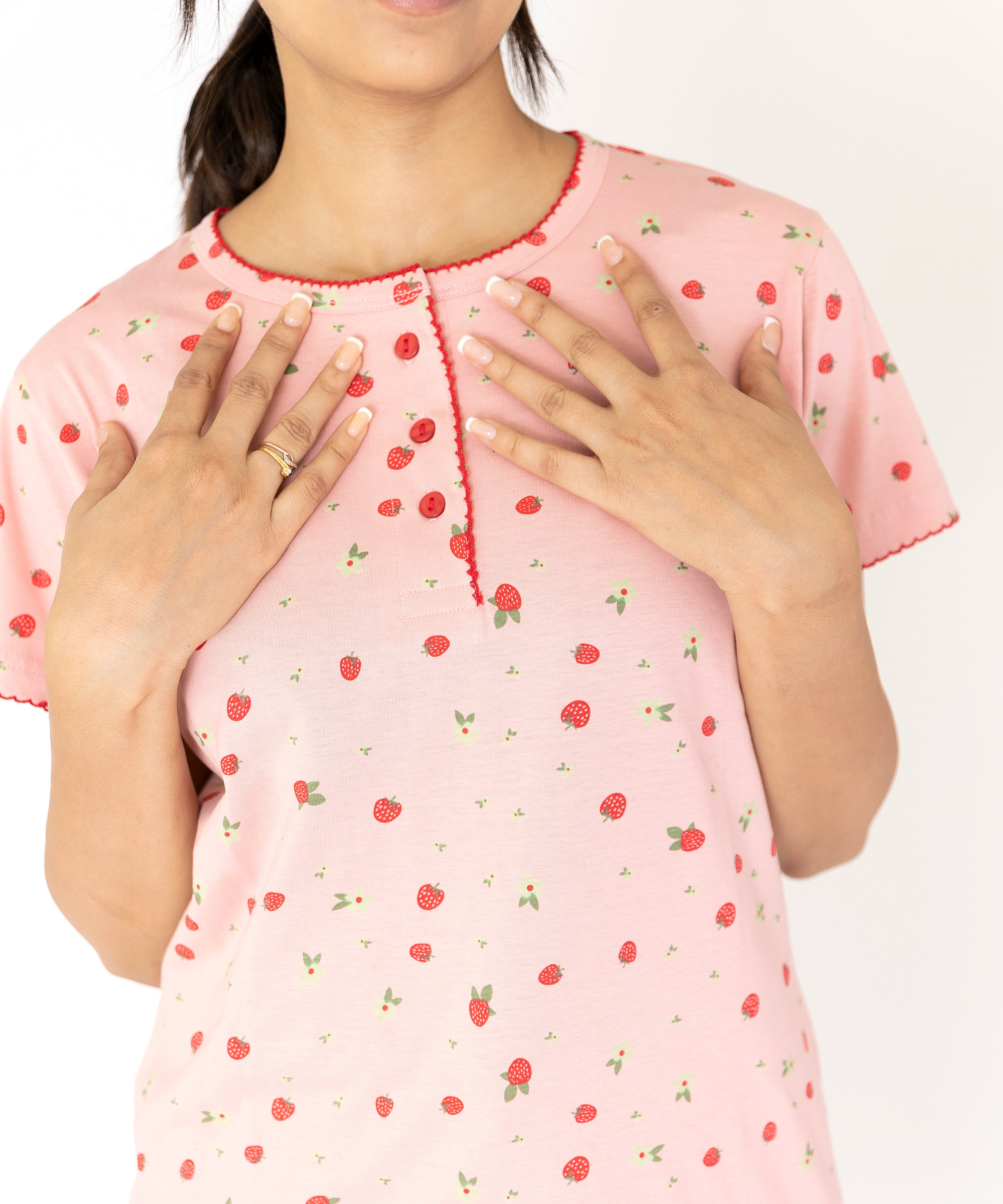 Pink Strawberry print Womens Top & Pyjama Set