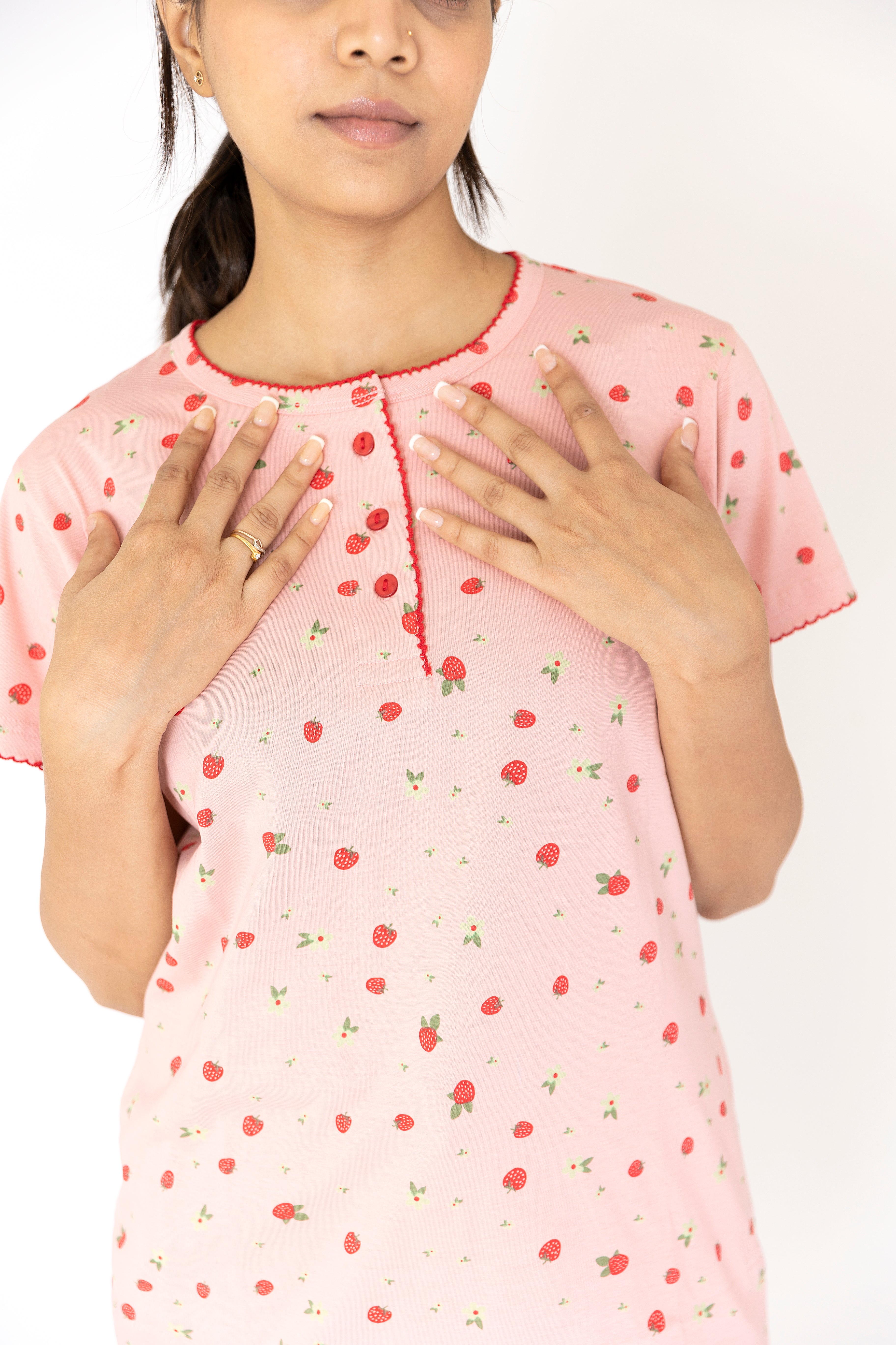 Pink Strawberry print Womens Top & Pyjama Set