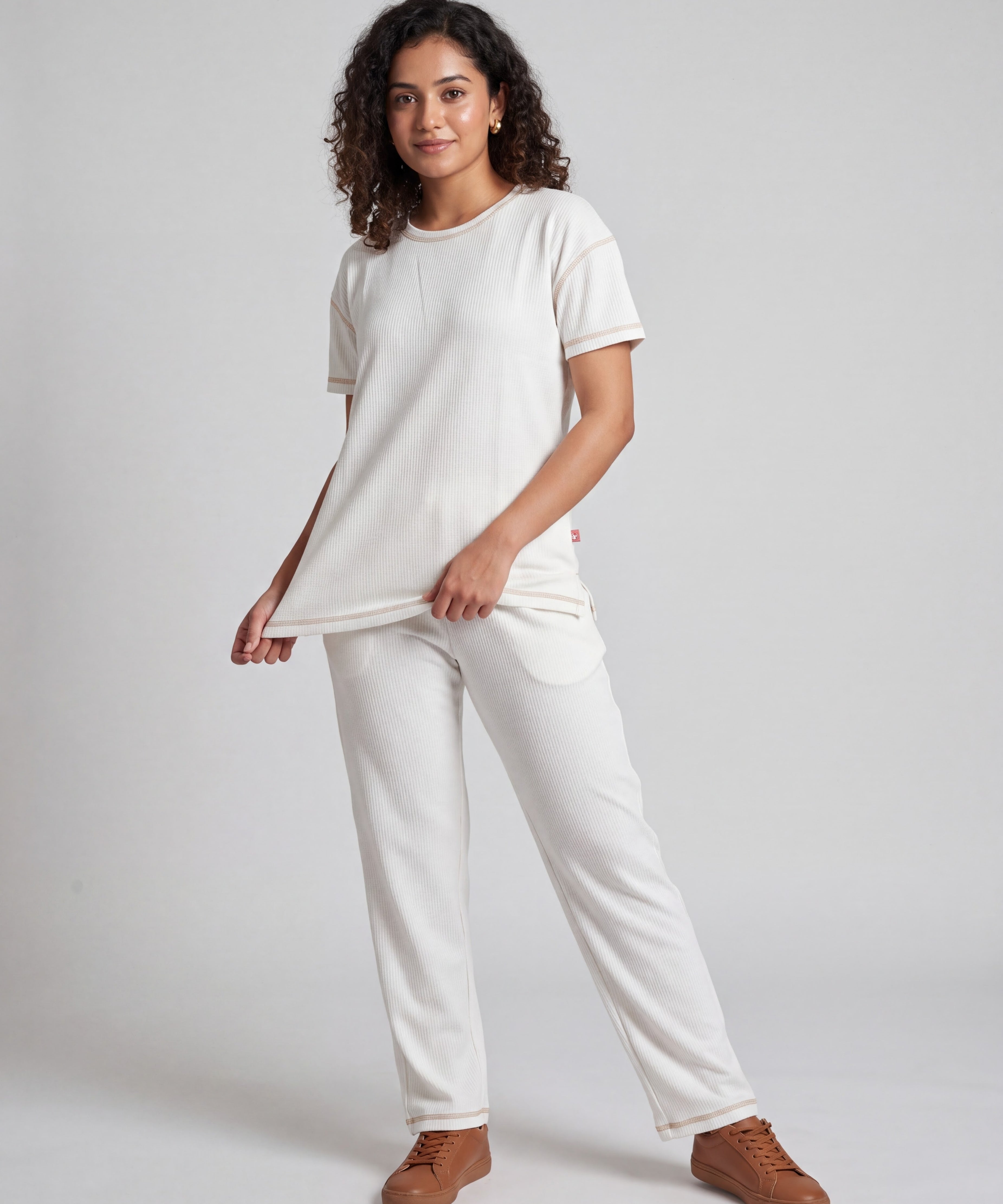 Ivory Drop Shoulder Textured Loungewear Set