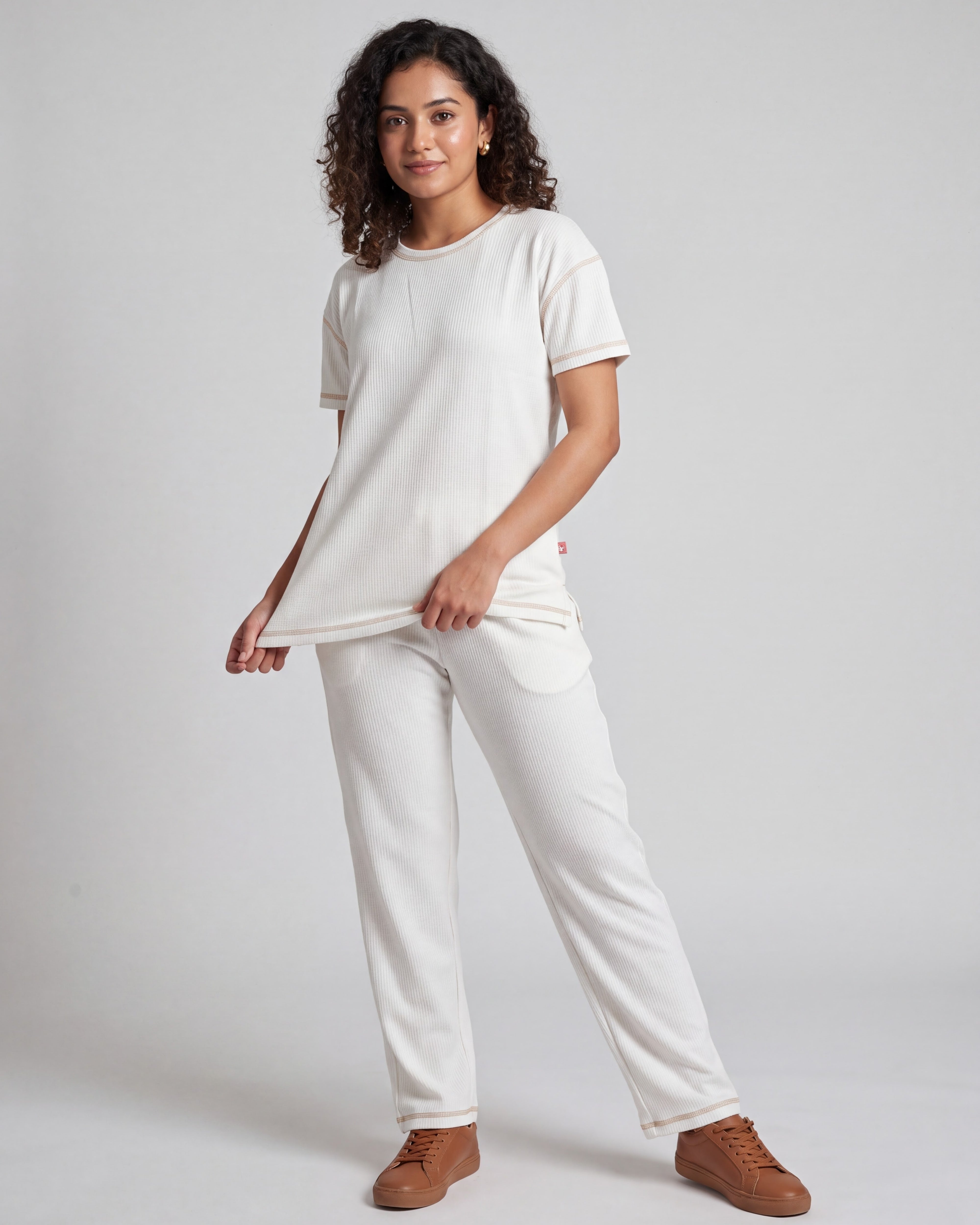 Ivory Drop Shoulder Textured Loungewear Set