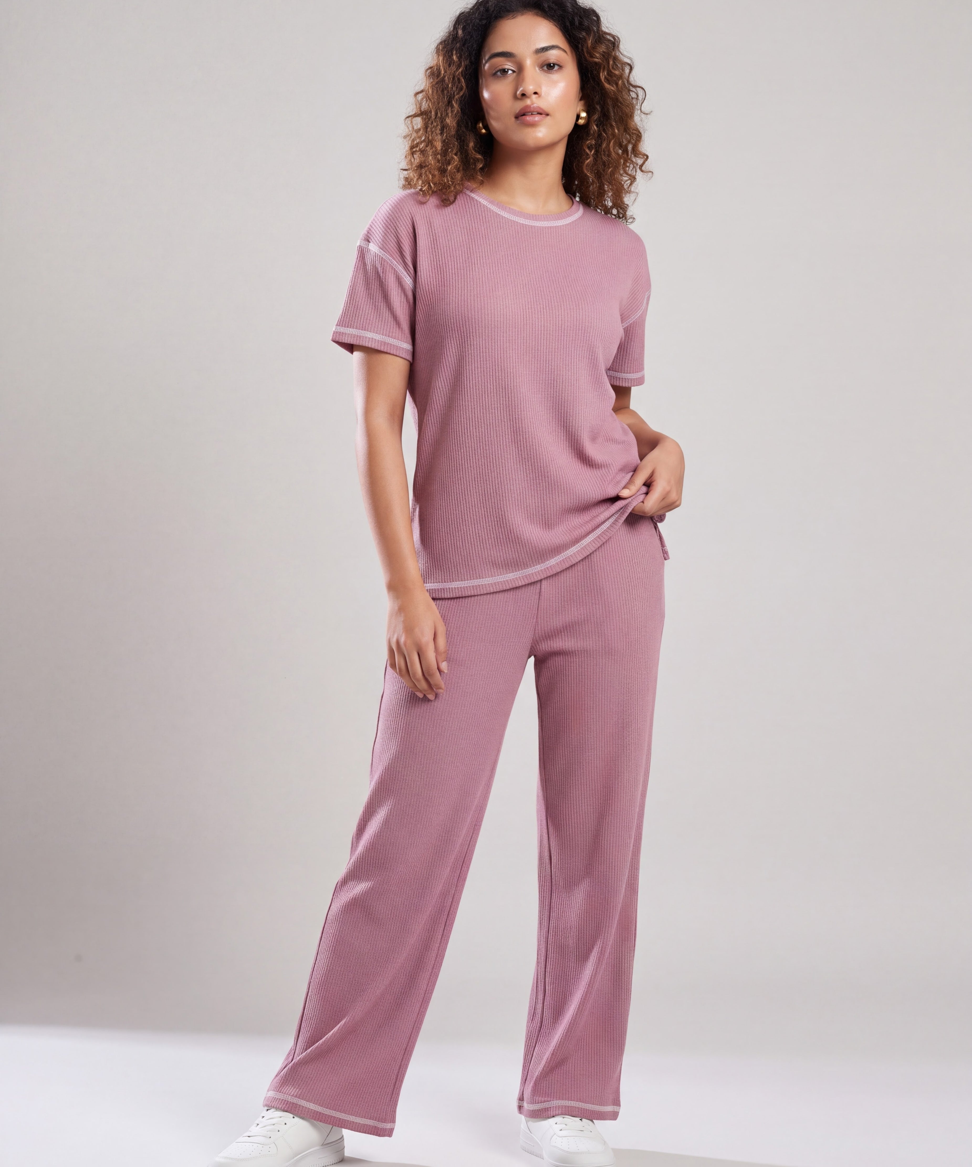 Rose Pink Drop Shoulder Textured Loungewear Set