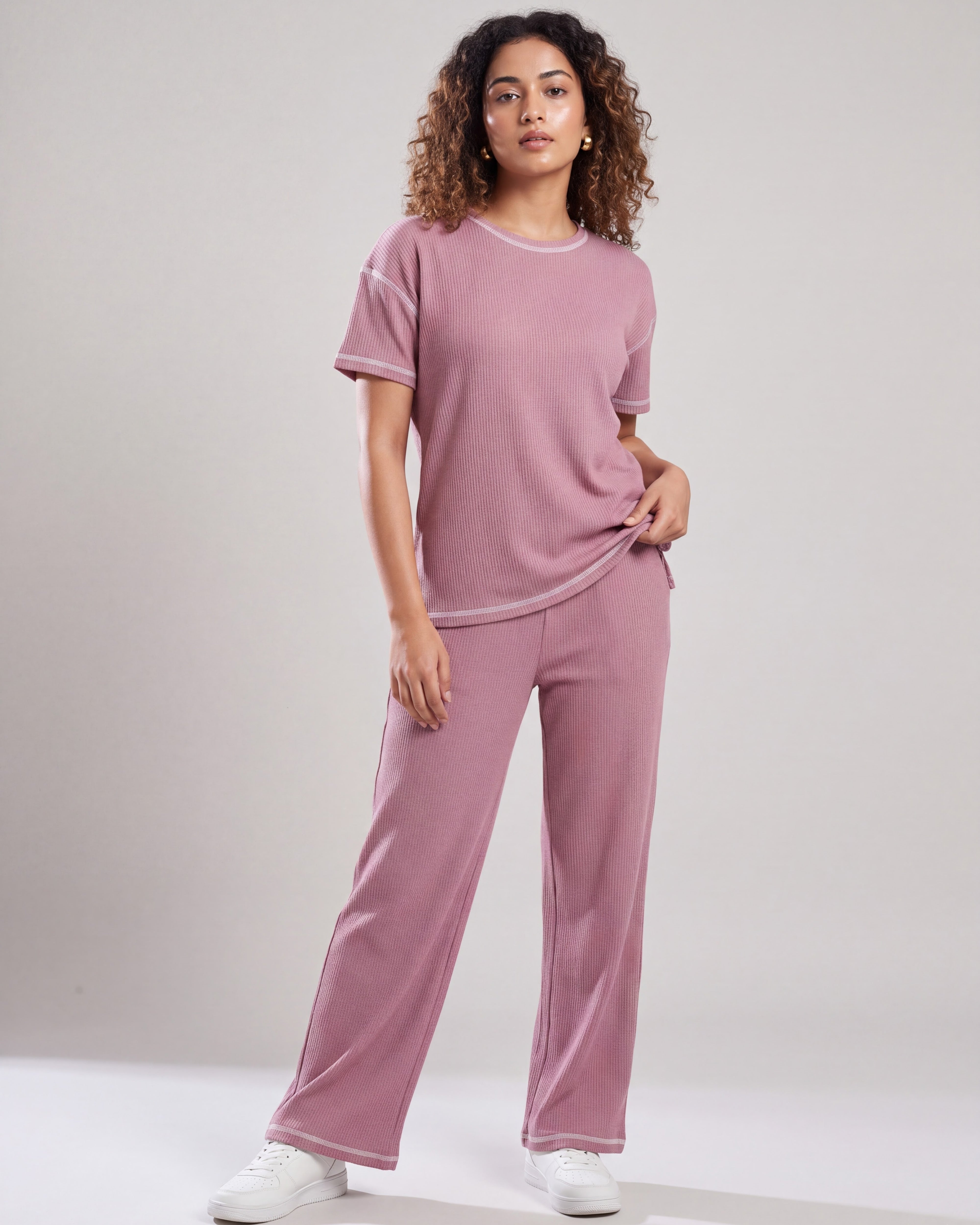 Rose Pink Drop Shoulder Textured Loungewear Set