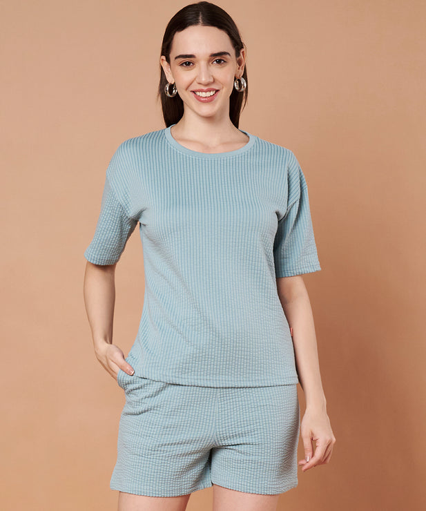 Women’s Blue Waffle Knit Co-ord Lounge Set