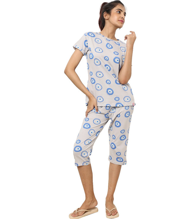 Light Grey Blue Evil Eye Print Womens Nightwear Capri Set