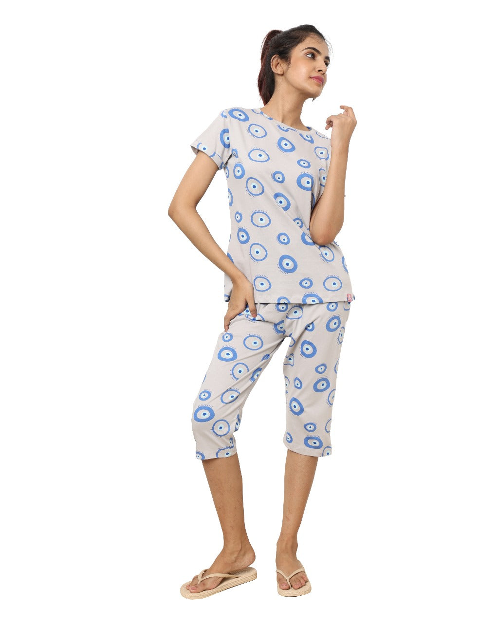 Light Grey Blue Evil Eye Print Womens Nightwear Capri Set