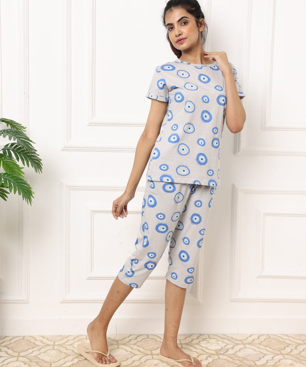 Light Grey Blue Evil Eye Print Womens Nightwear Capri Set