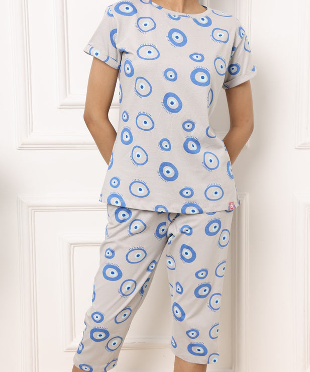 Light Grey Blue Evil Eye Print Womens Nightwear Capri Set