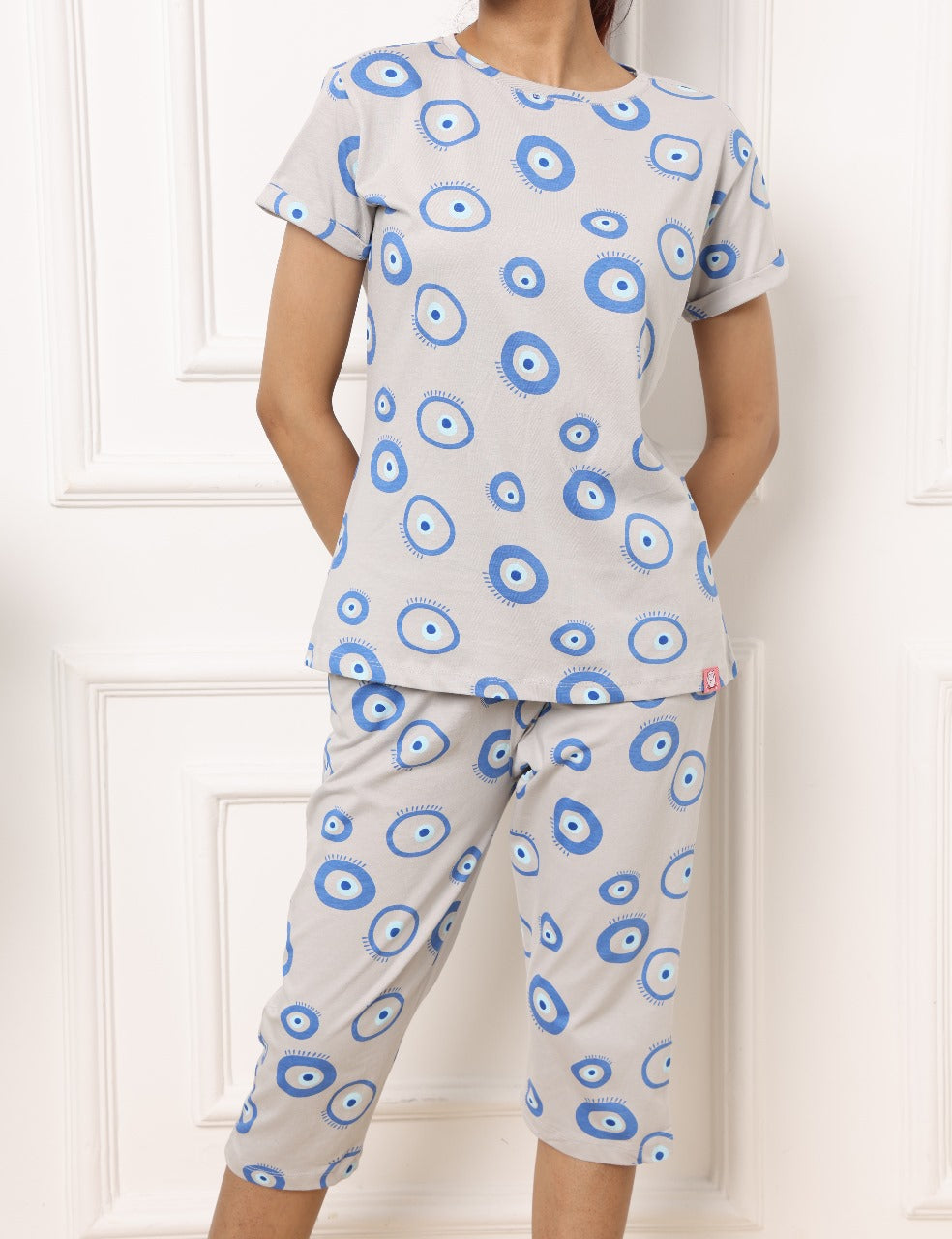 Light Grey Blue Evil Eye Print Womens Nightwear Capri Set