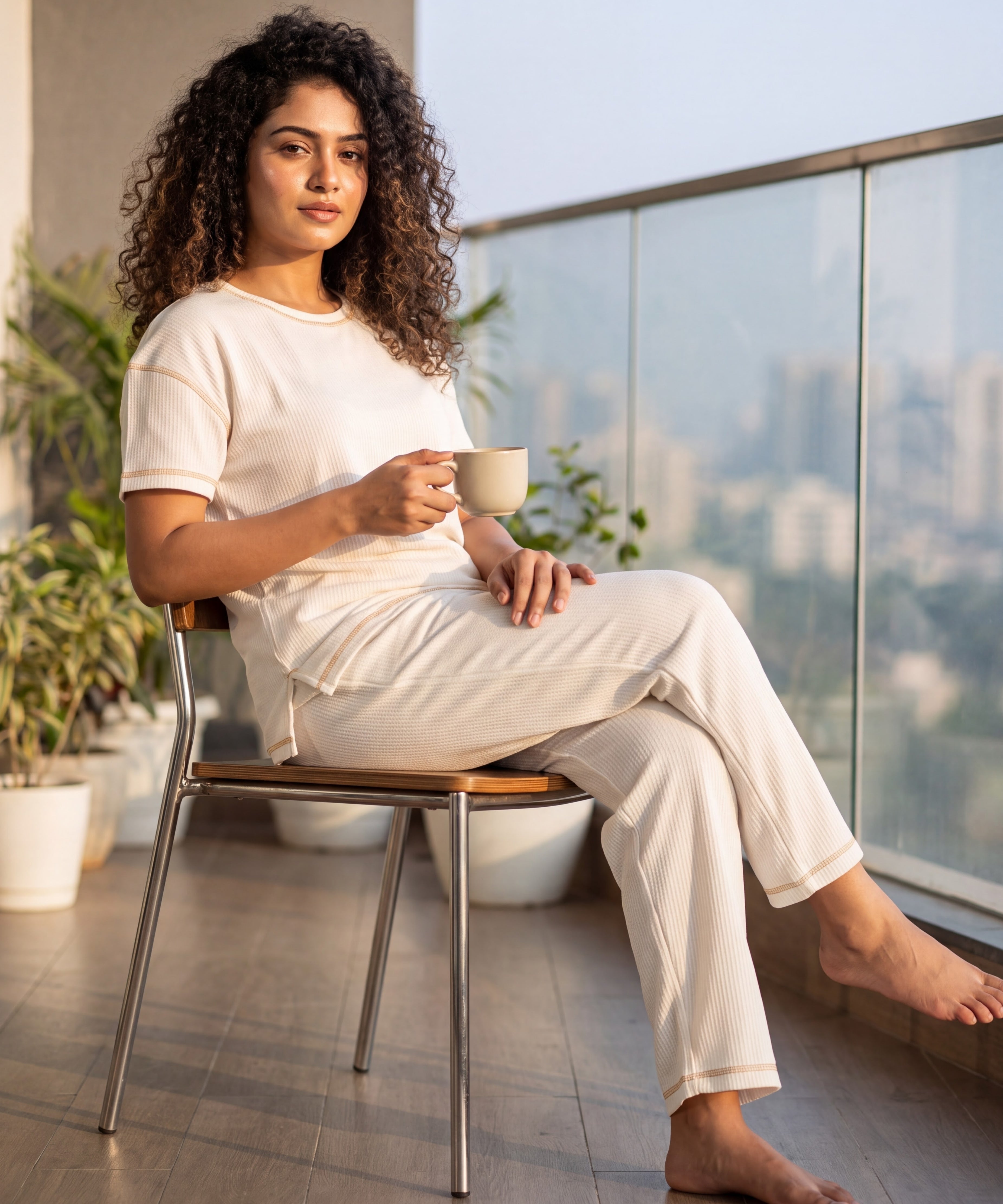 Ivory Drop Shoulder Textured Loungewear Set