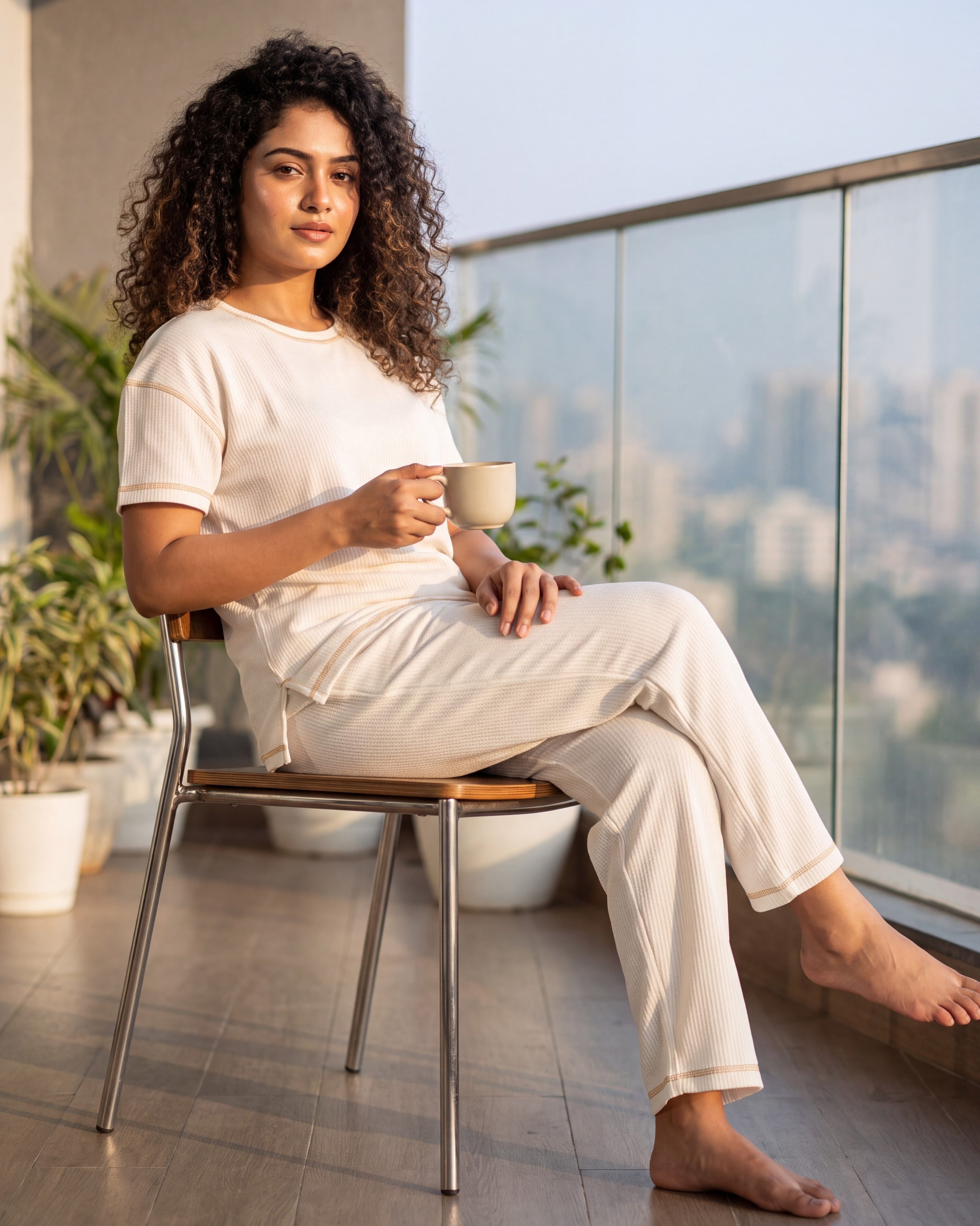 Ivory Drop Shoulder Textured Loungewear Set