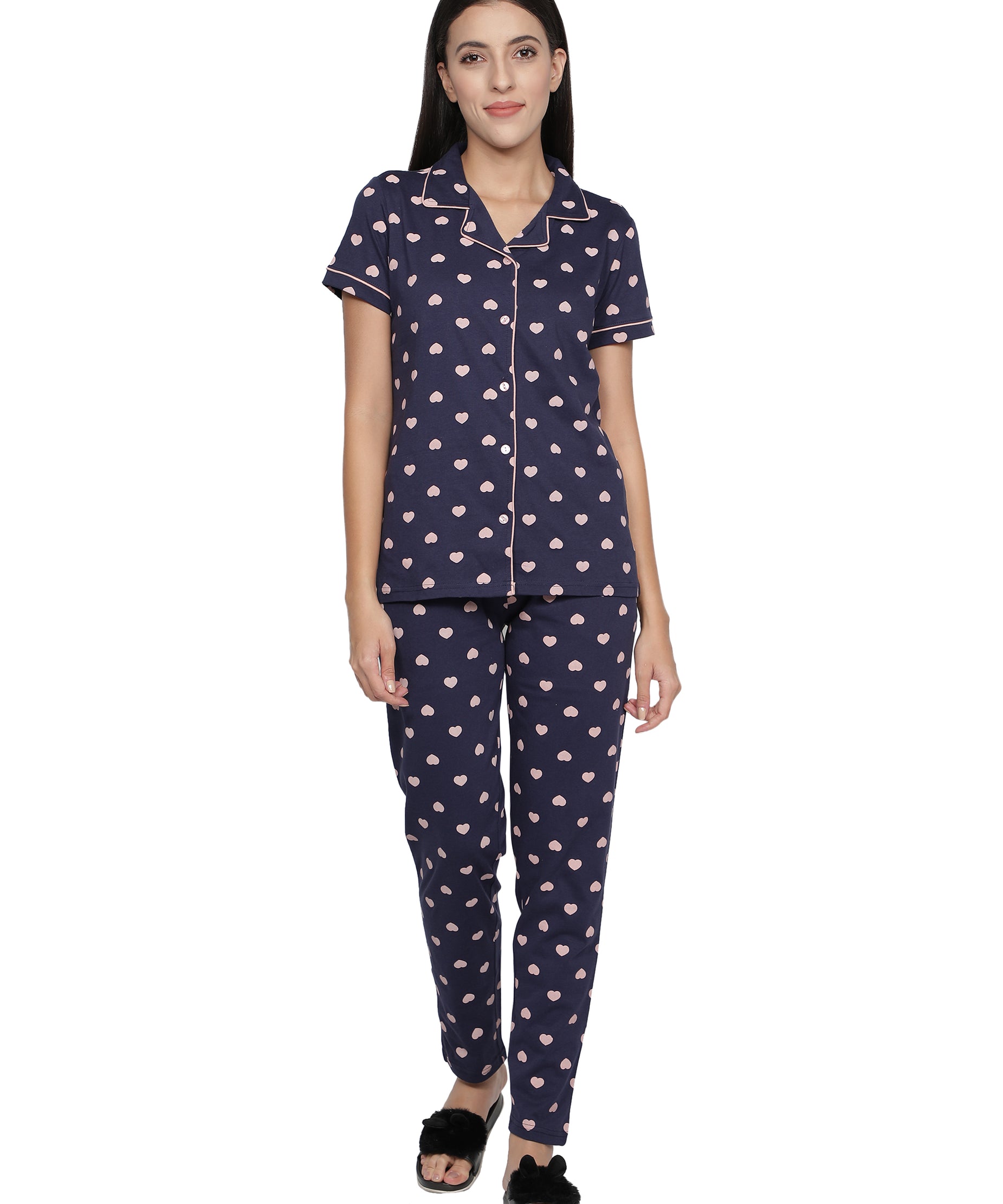 Women's Navy Pink Heart Collar Style PJ Set - Sophisticated & Comfortable Sleepwear