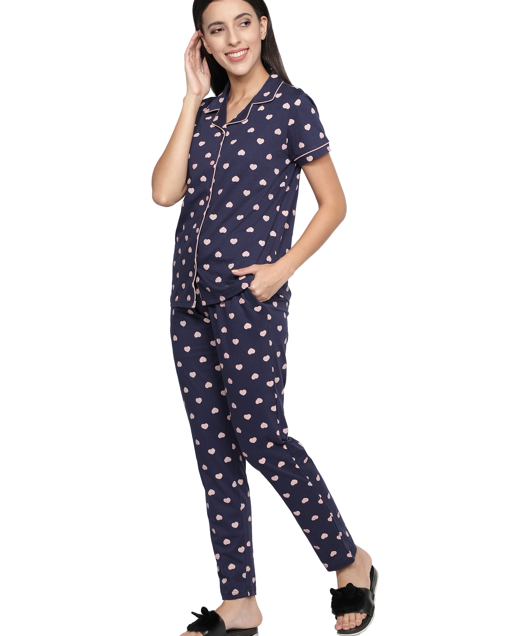 Women's Navy Pink Heart Collar Style PJ Set - Sophisticated & Comfortable Sleepwear