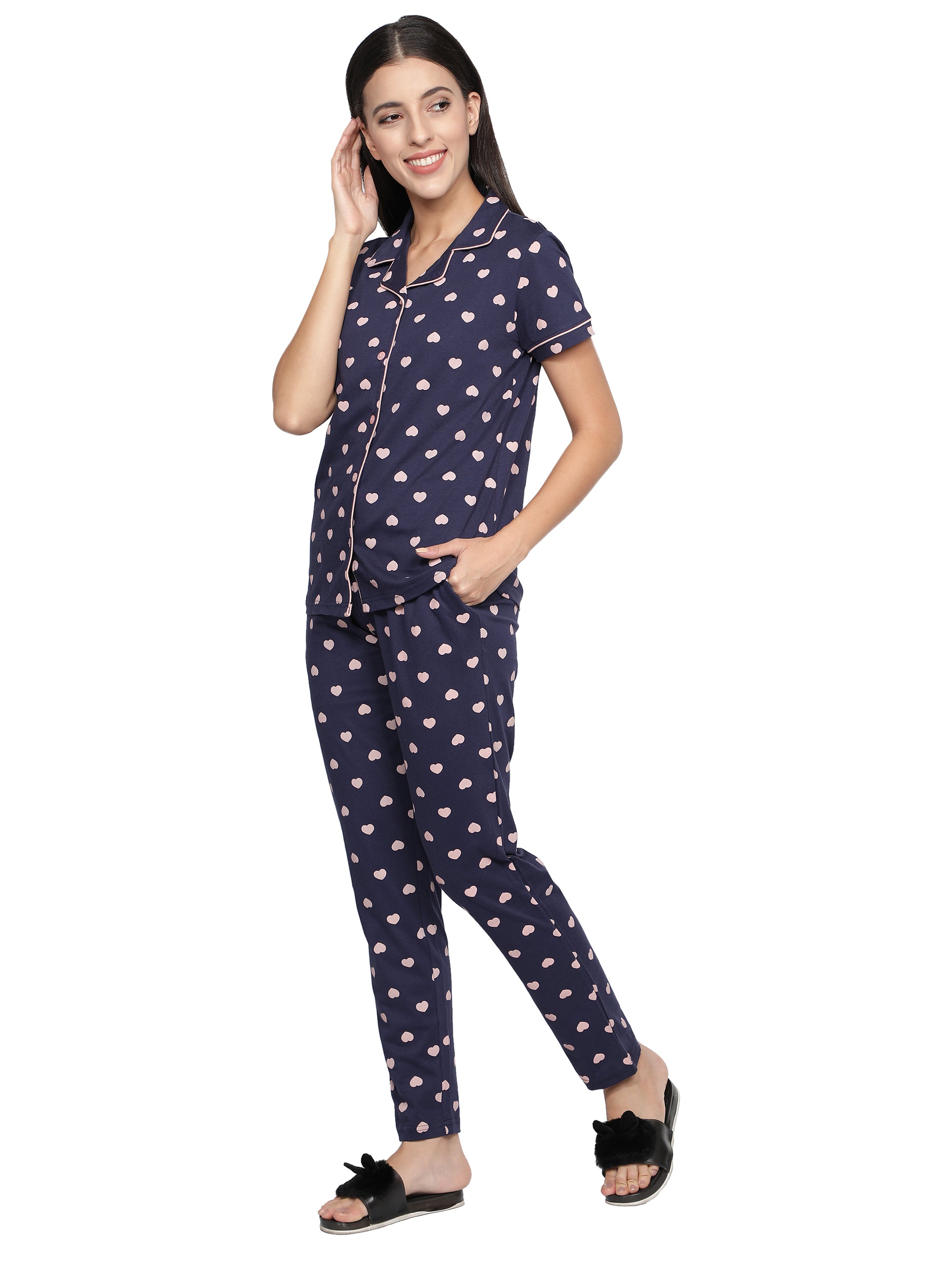 Women's Navy Pink Heart Collar Style PJ Set - Sophisticated & Comfortable Sleepwear