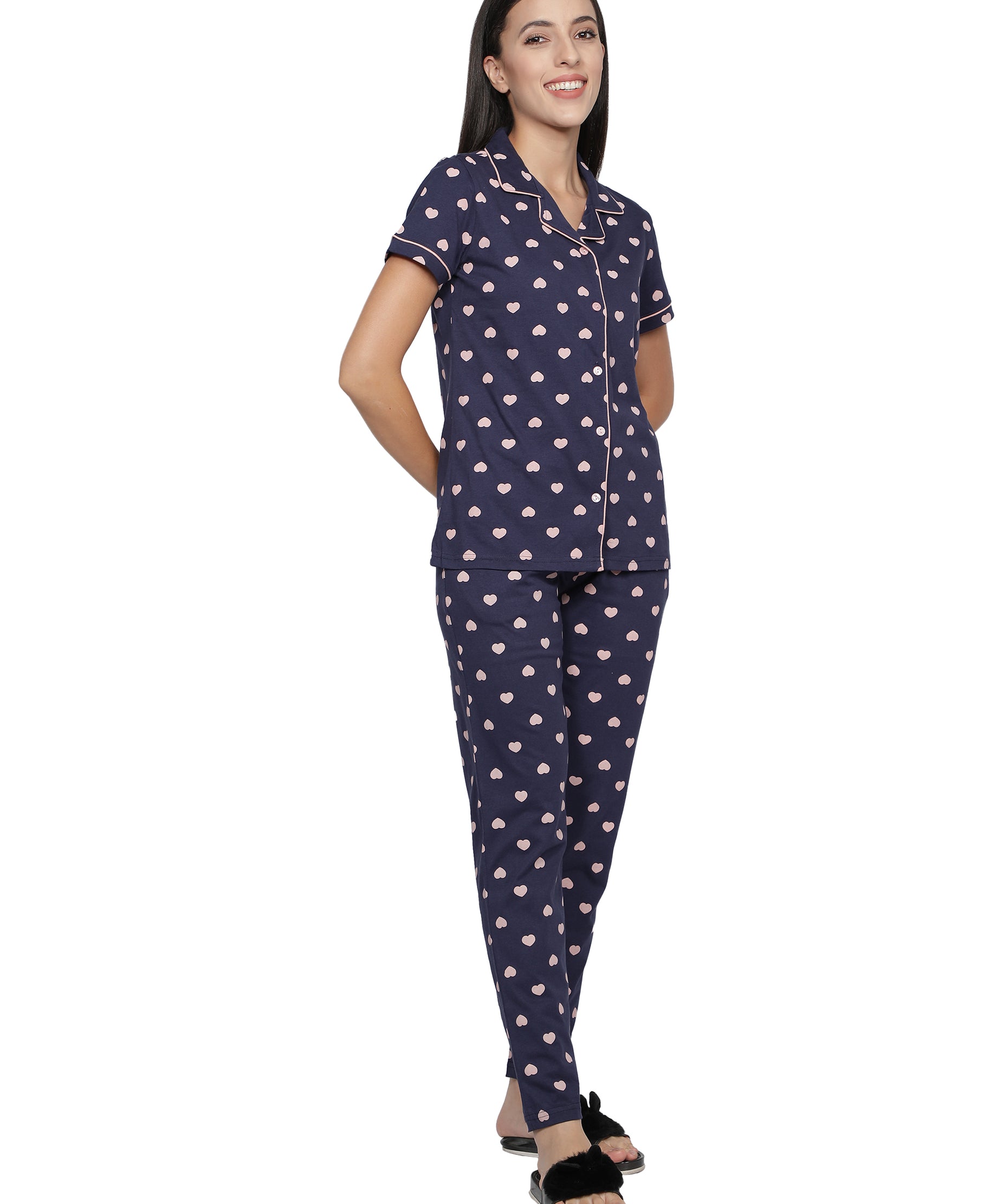 Women's Navy Pink Heart Collar Style PJ Set - Sophisticated & Comfortable Sleepwear