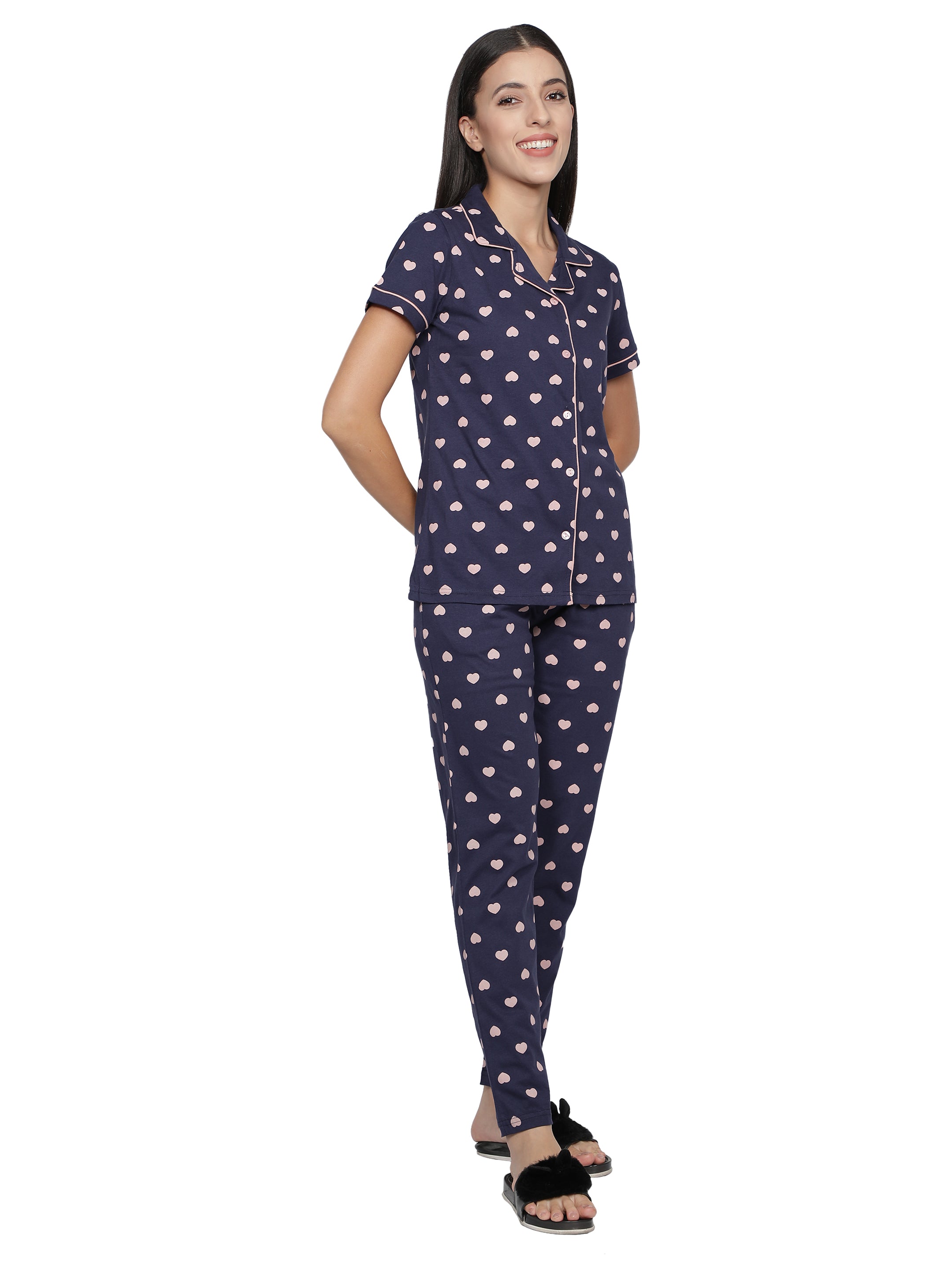 Women's Navy Pink Heart Collar Style PJ Set - Sophisticated & Comfortable Sleepwear