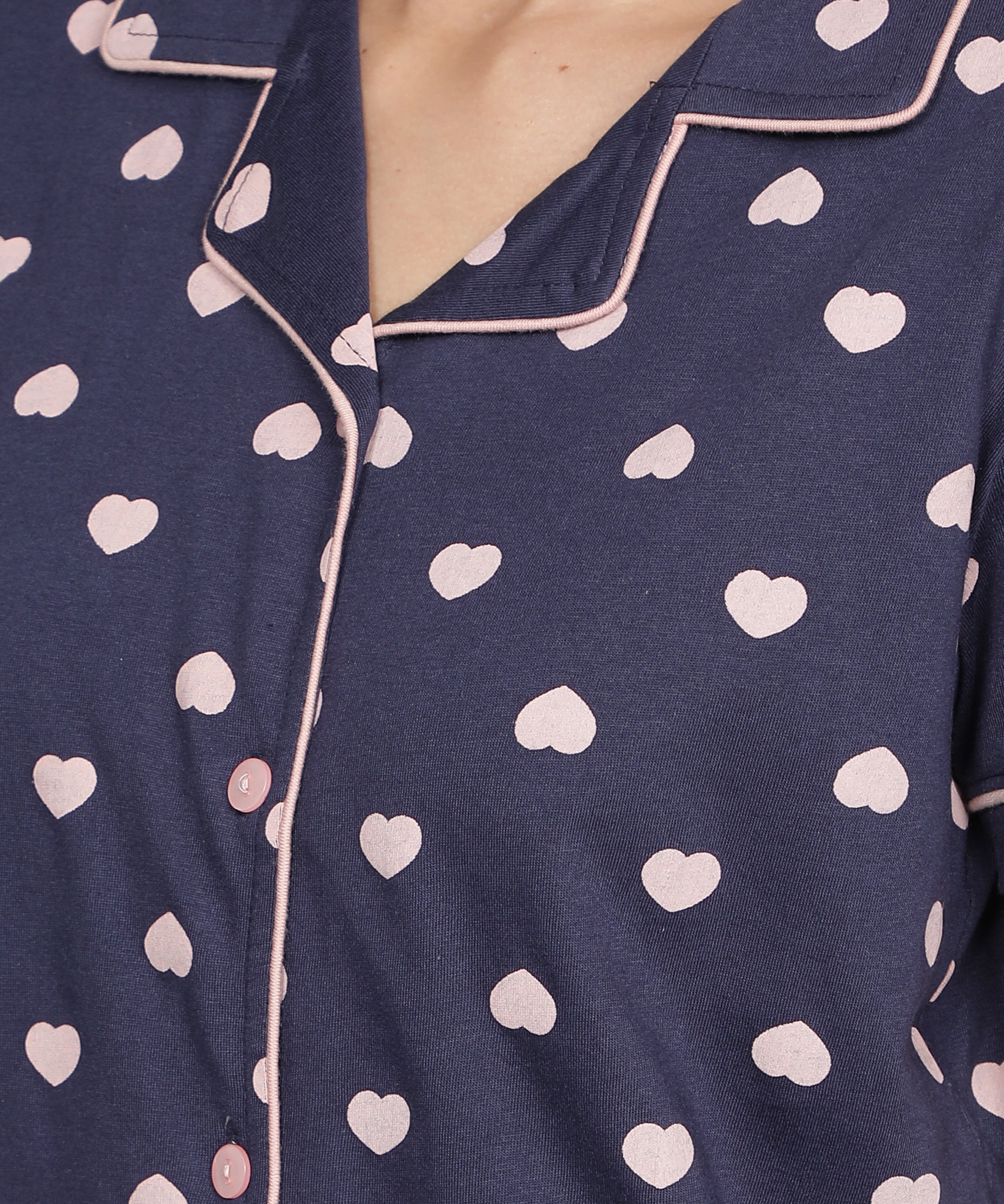 Women's Navy Pink Heart Collar Style PJ Set - Sophisticated & Comfortable Sleepwear