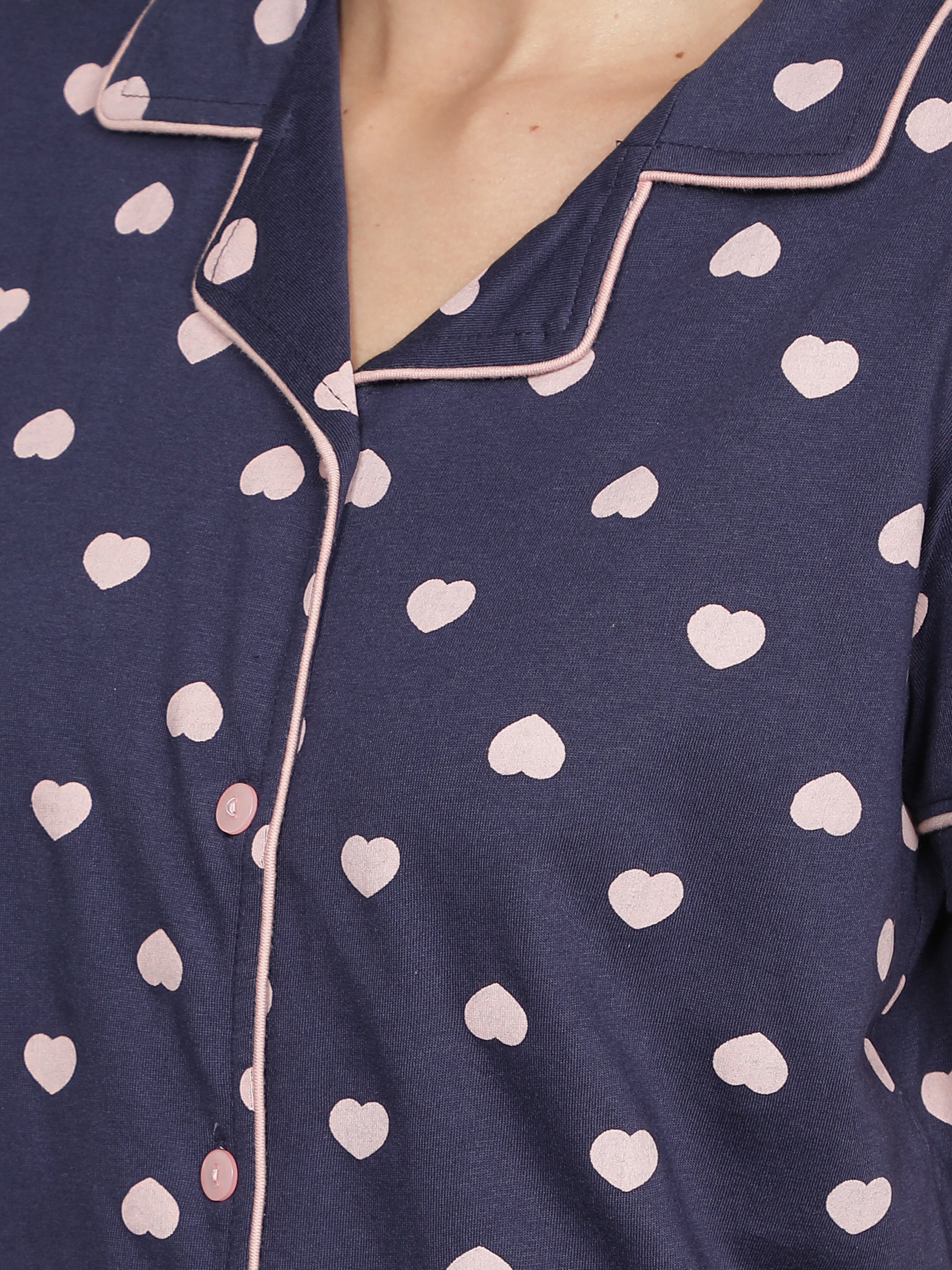 Women's Navy Pink Heart Collar Style PJ Set - Sophisticated & Comfortable Sleepwear