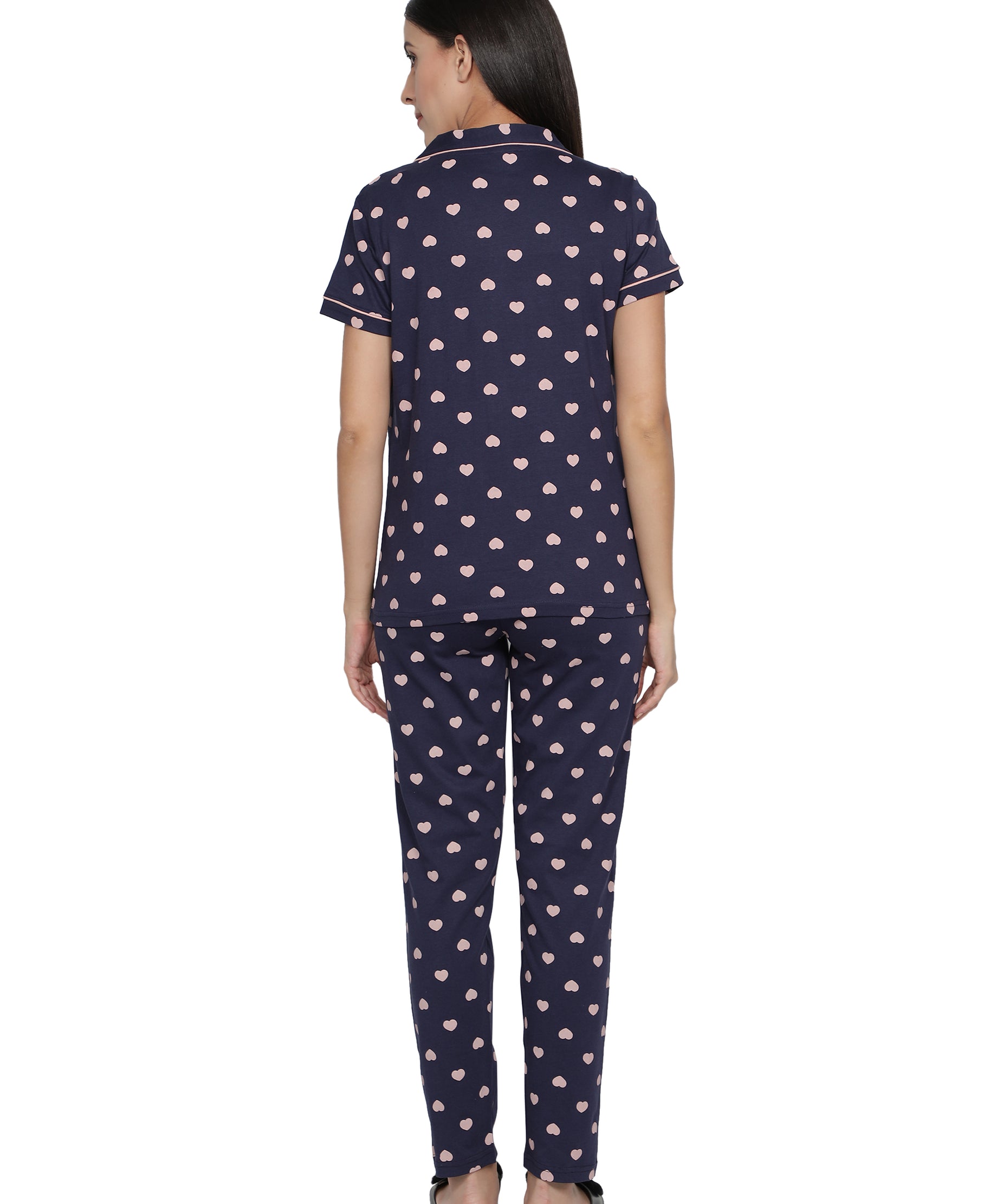 Women's Navy Pink Heart Collar Style PJ Set - Sophisticated & Comfortable Sleepwear