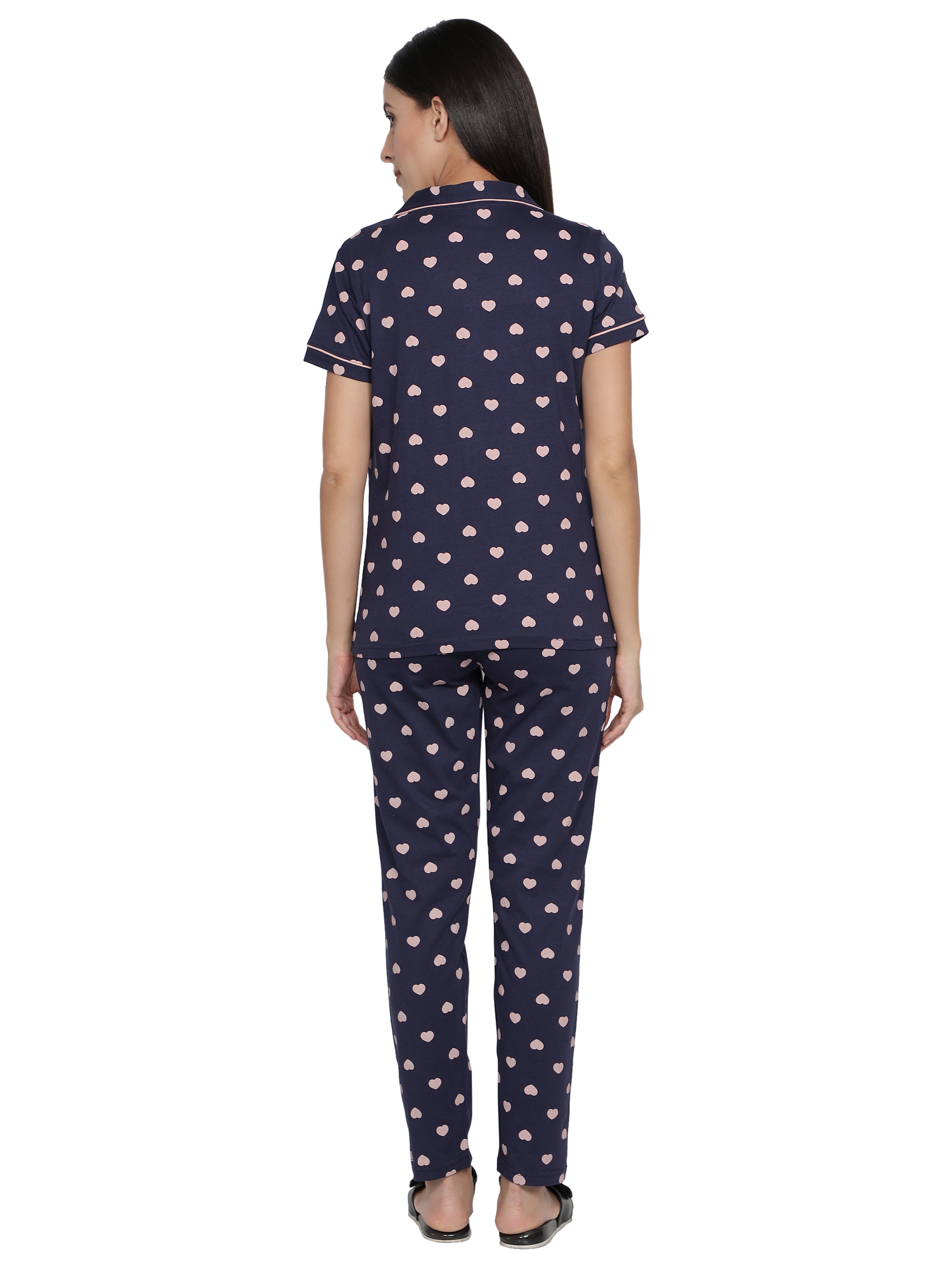 Women's Navy Pink Heart Collar Style PJ Set - Sophisticated & Comfortable Sleepwear