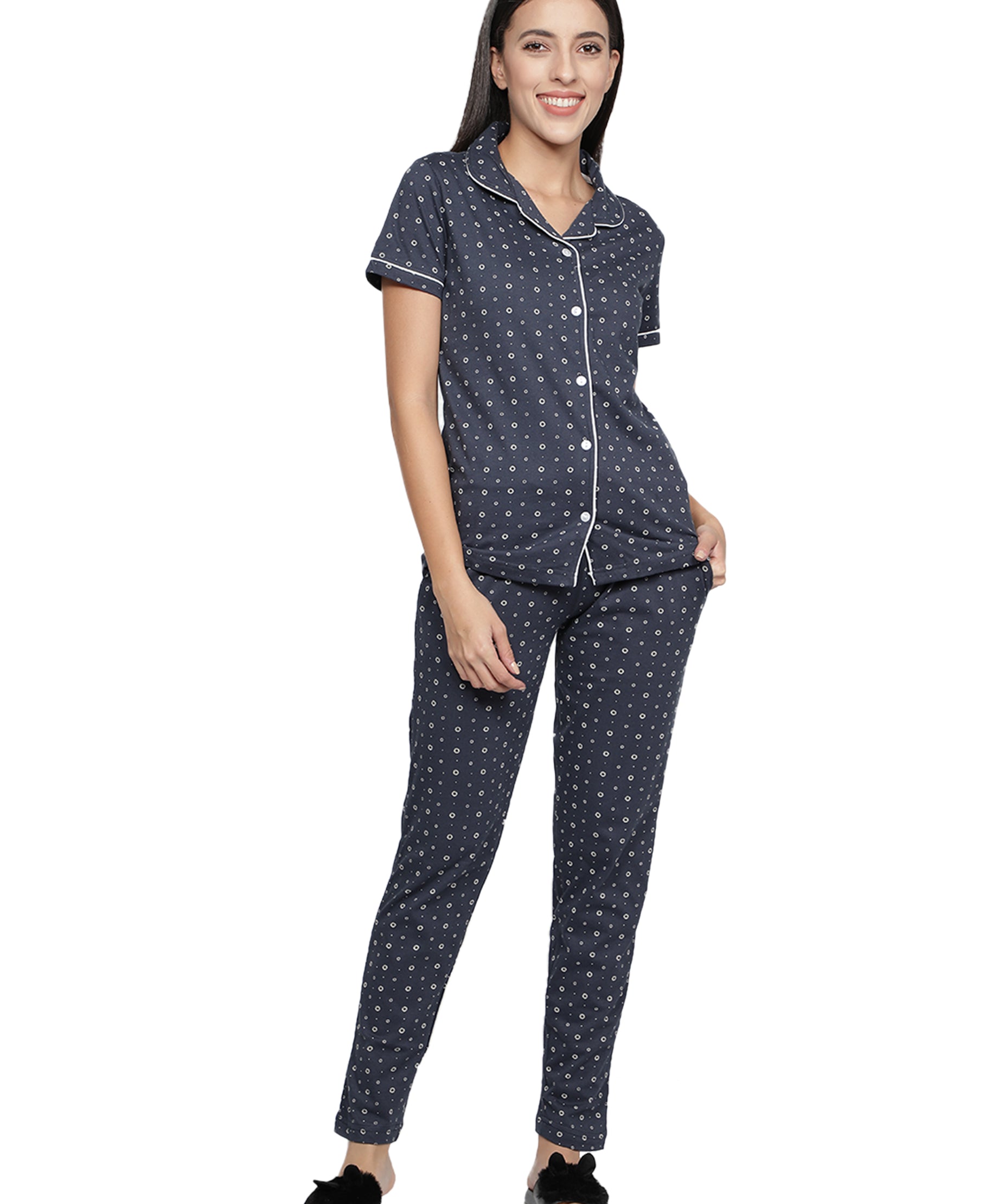 Women's Charcoal White Dots Collar Style PJ Set - Classic & Comfortable Sleepwear