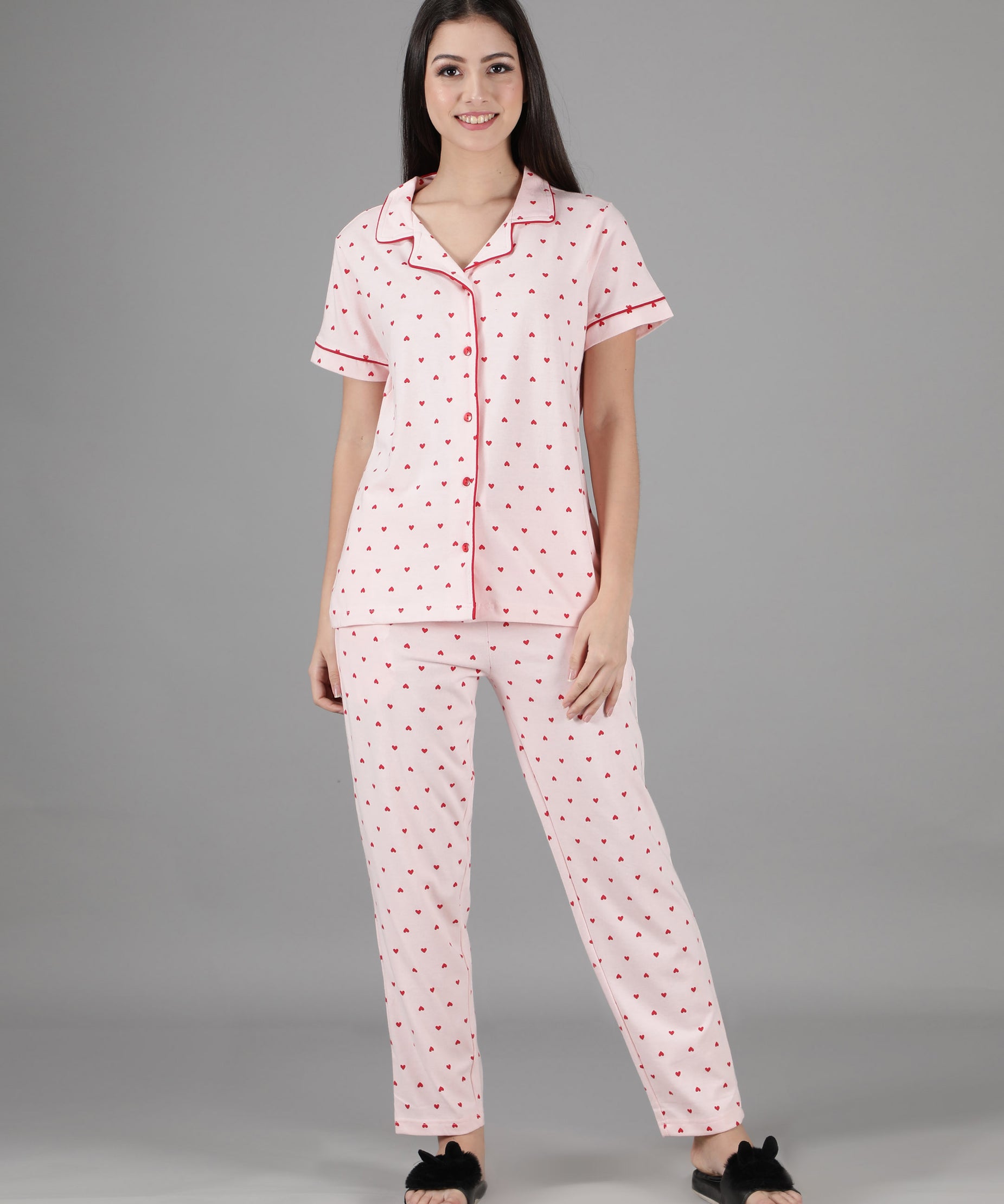 Women's Pink Red Hearts Collar Style PJ Set - Lovely & Comfortable Sleepwear