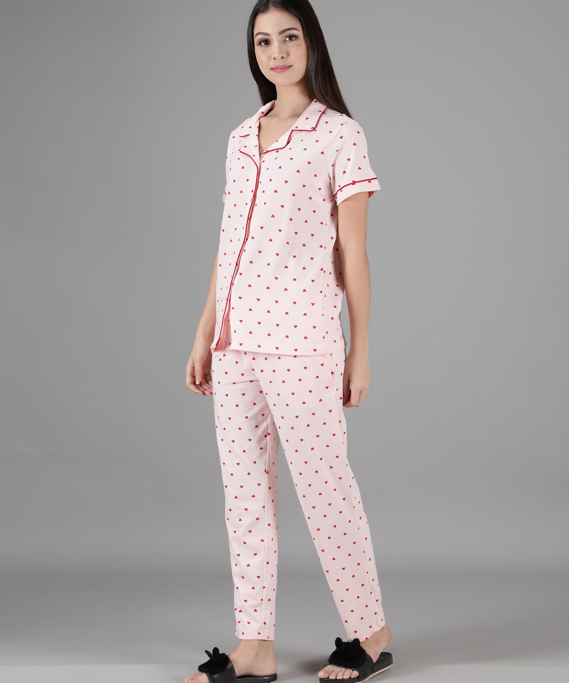 Women's Pink Red Hearts Collar Style PJ Set - Lovely & Comfortable Sleepwear