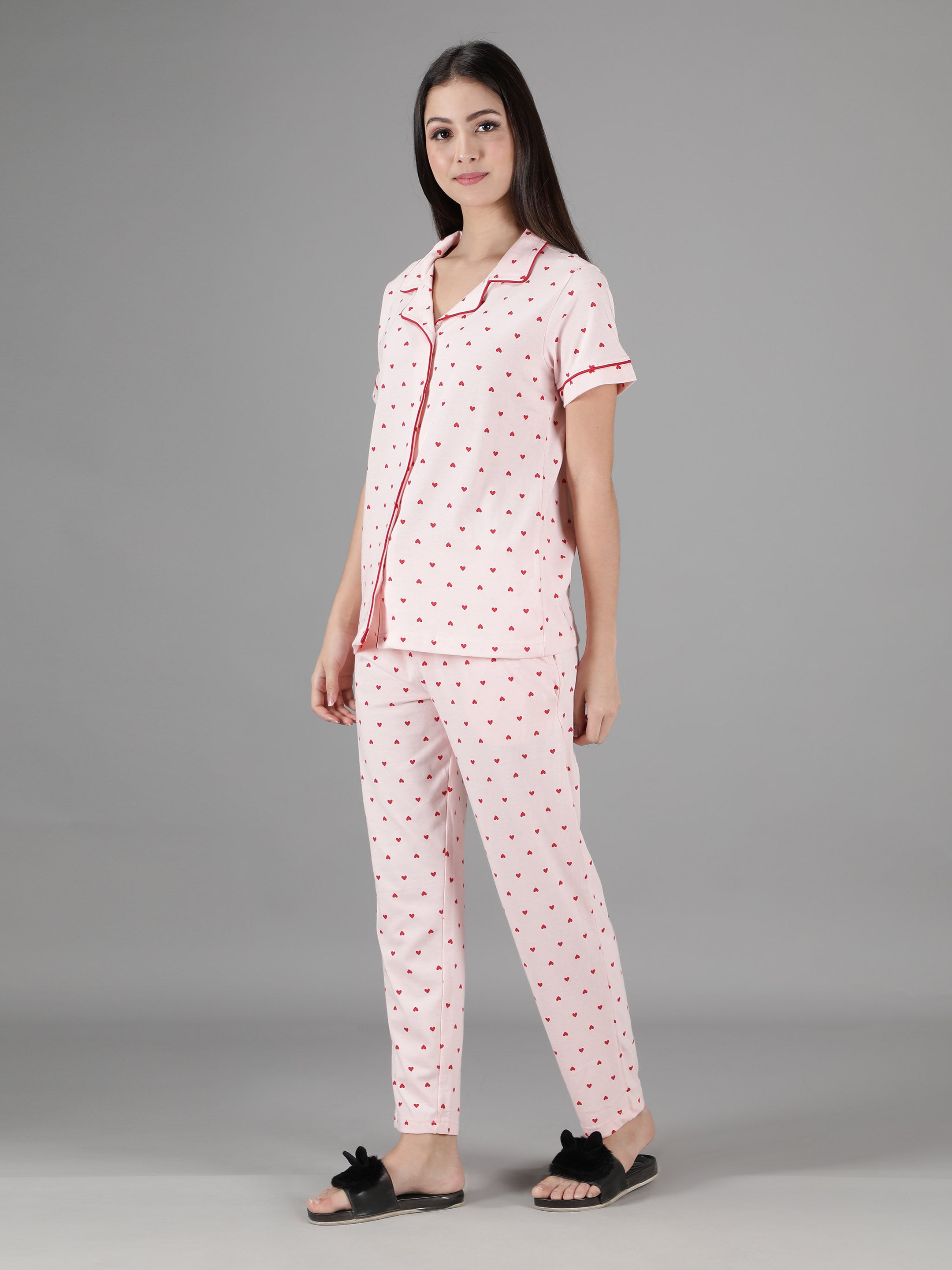 Women's Pink Red Hearts Collar Style PJ Set - Lovely & Comfortable Sleepwear