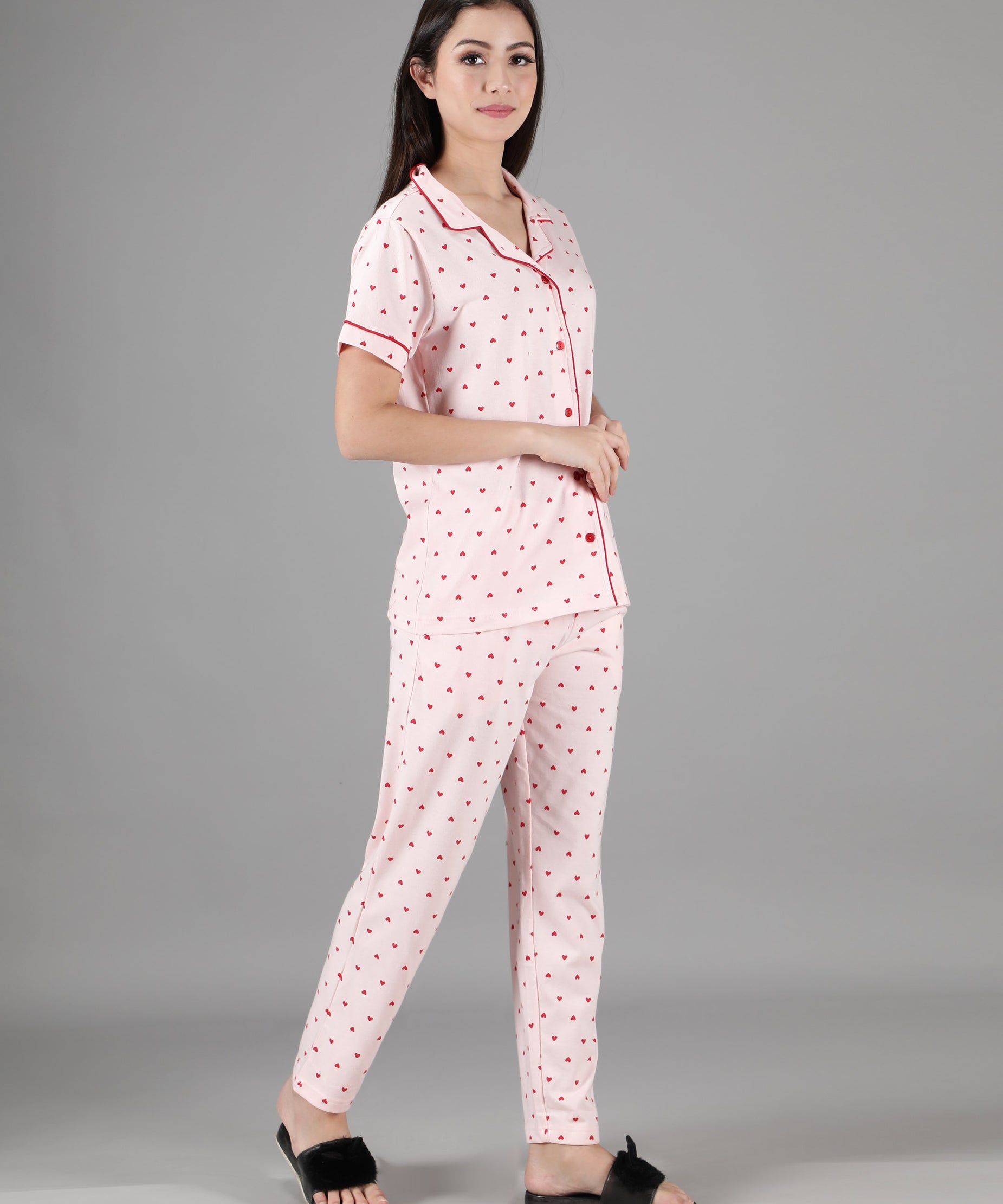 Women's Pink Red Hearts Collar Style PJ Set - Lovely & Comfortable Sleepwear