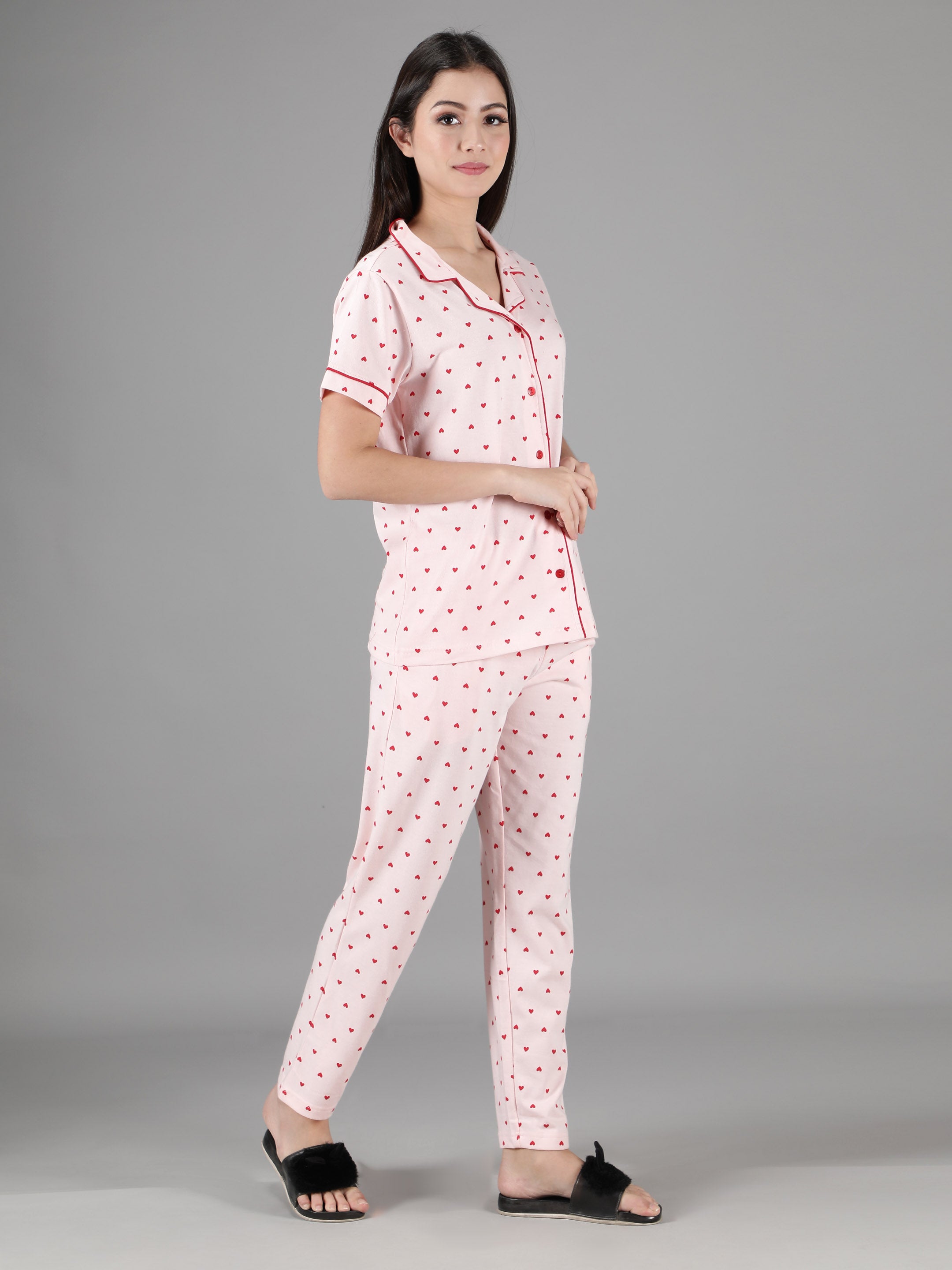 Women's Pink Red Hearts Collar Style PJ Set - Lovely & Comfortable Sleepwear