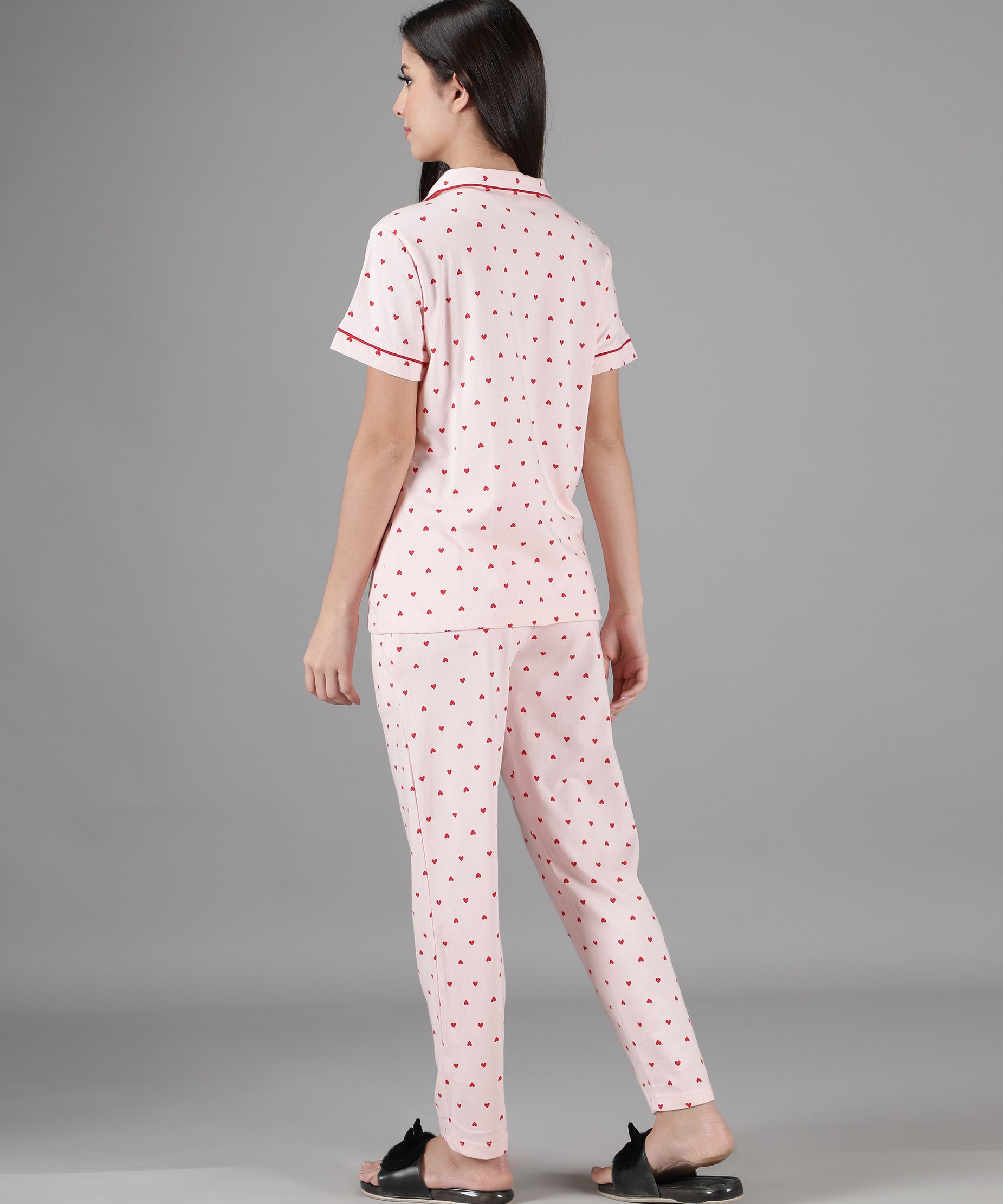 Women's Pink Red Hearts Collar Style PJ Set - Lovely & Comfortable Sleepwear